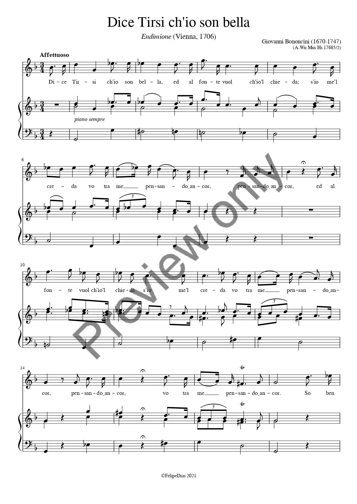 Giovanni  Bononcini: Dice Tirsi ch'io son bella (Vocal score/piano reduction)