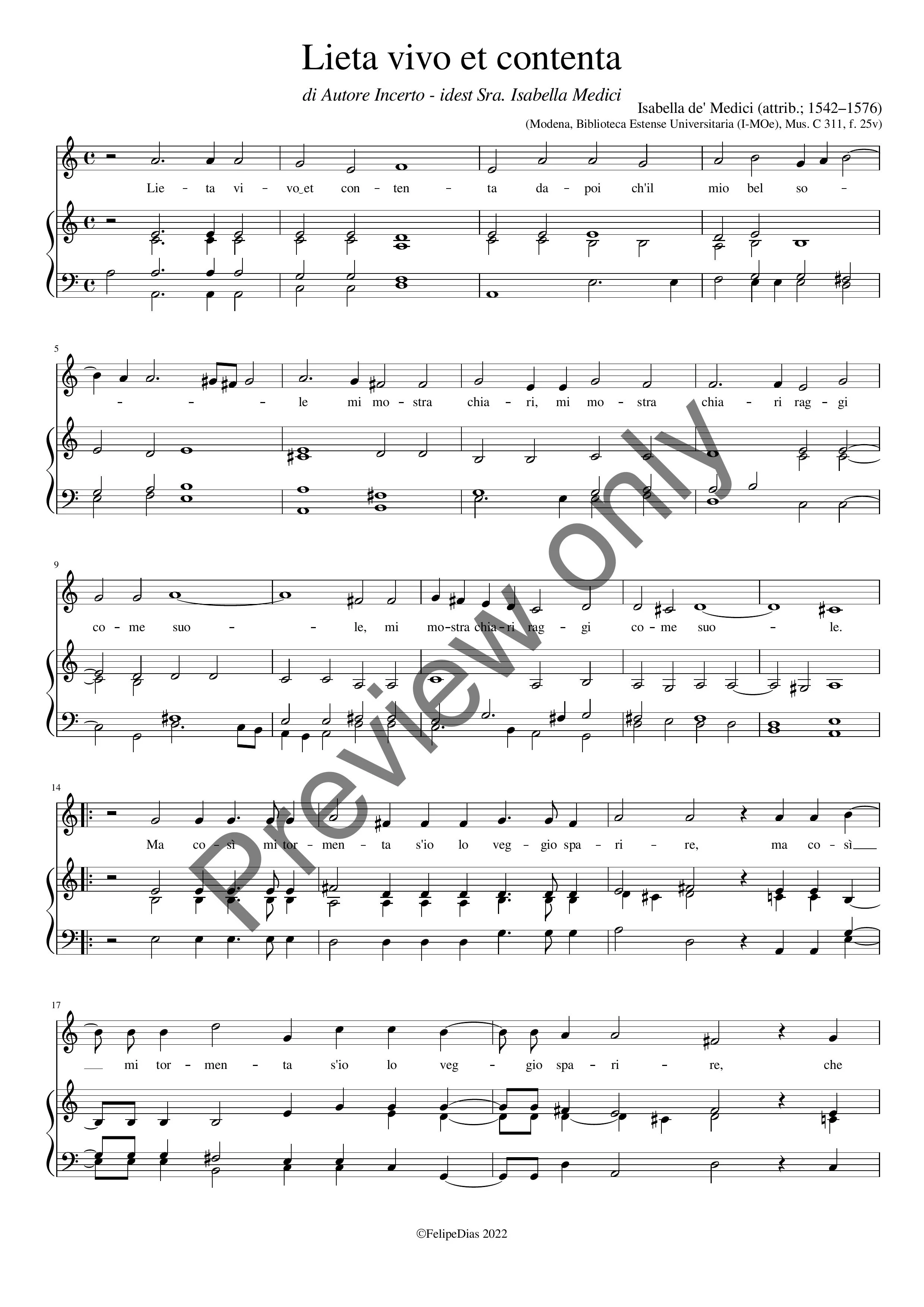 Isabella de' Medici: Lieta vivo et contenta (Transposed down a 4th)