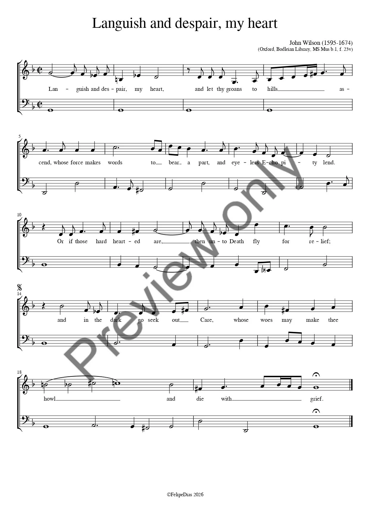 John Wilson: Languish and despair, my heart (Transposed down a 4th)