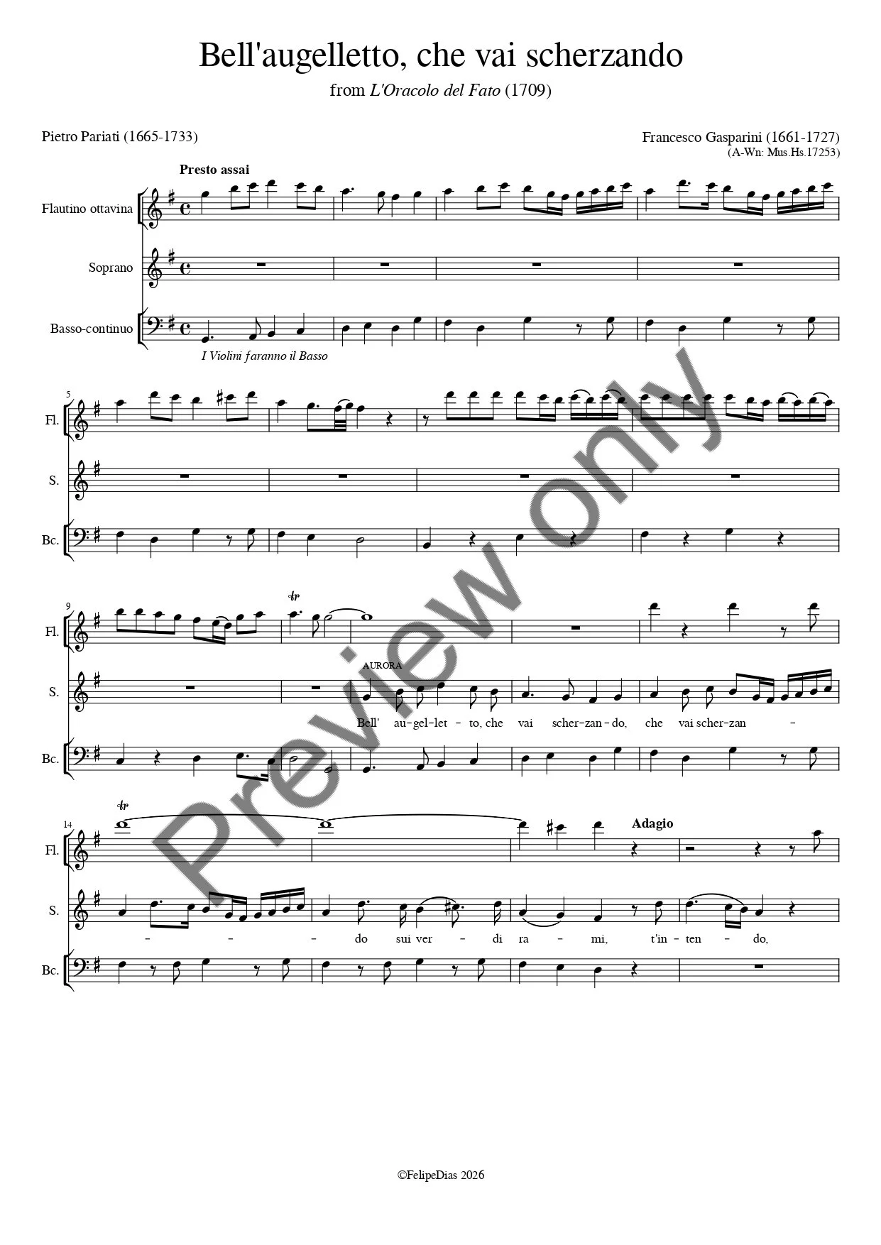 Francesco Gasparini: Bell'augelletto che vai scherzando (L'Oracolo del Fato)