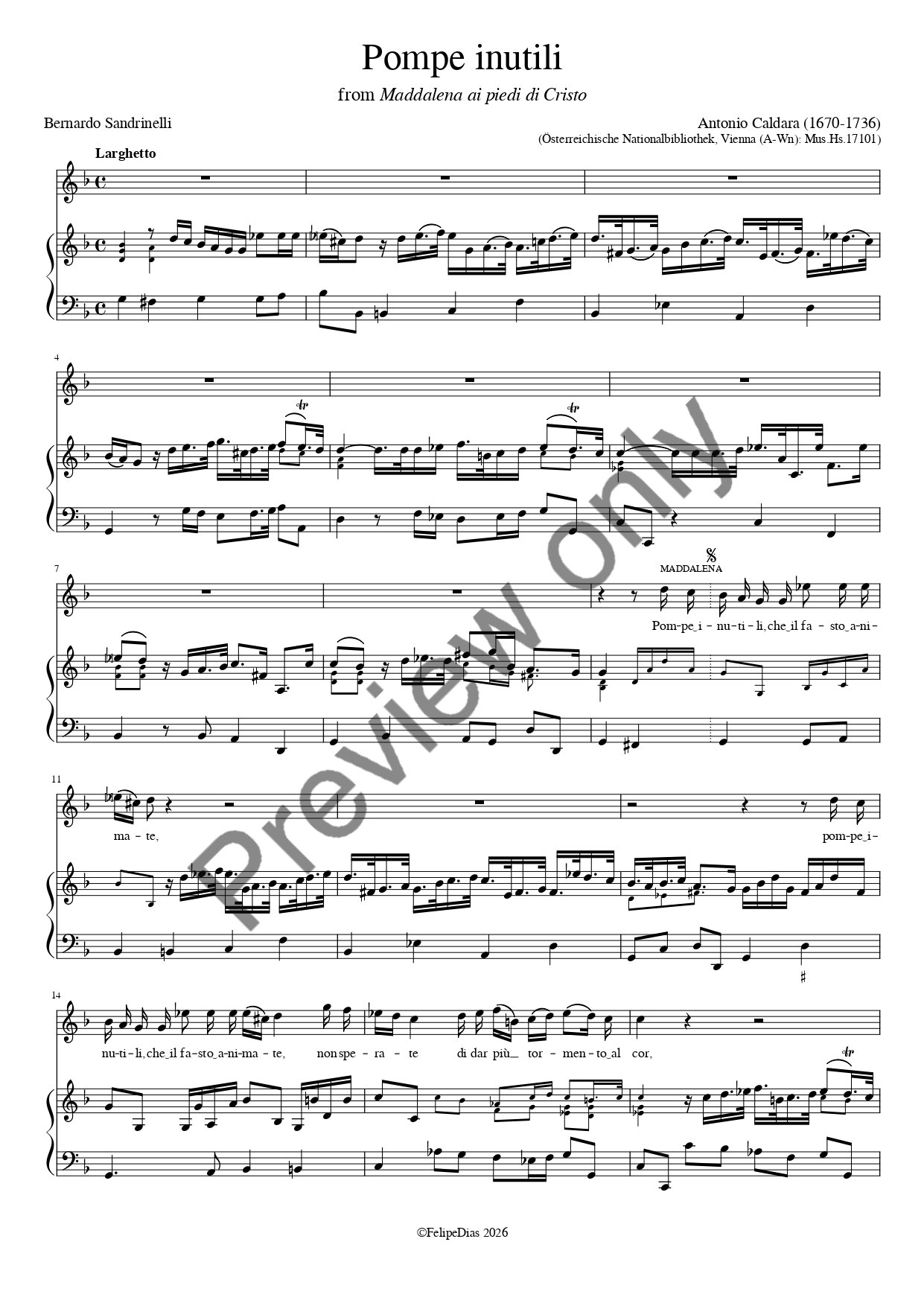 Antonio Caldara: Pompe inutili che il fasto animate (Vocal score/piano reduction)