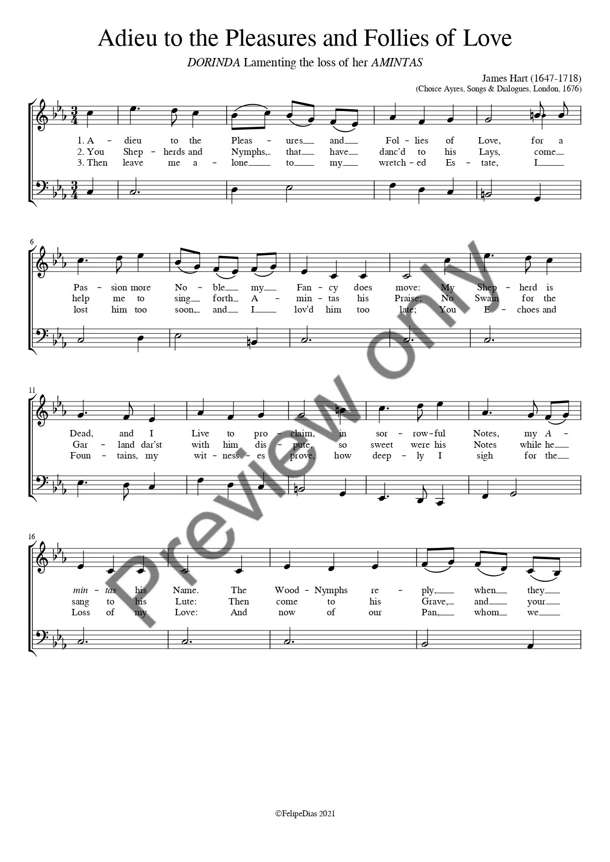 James Hart: Adieu to the Pleasures and Follies of Love (Transposed to C minor)