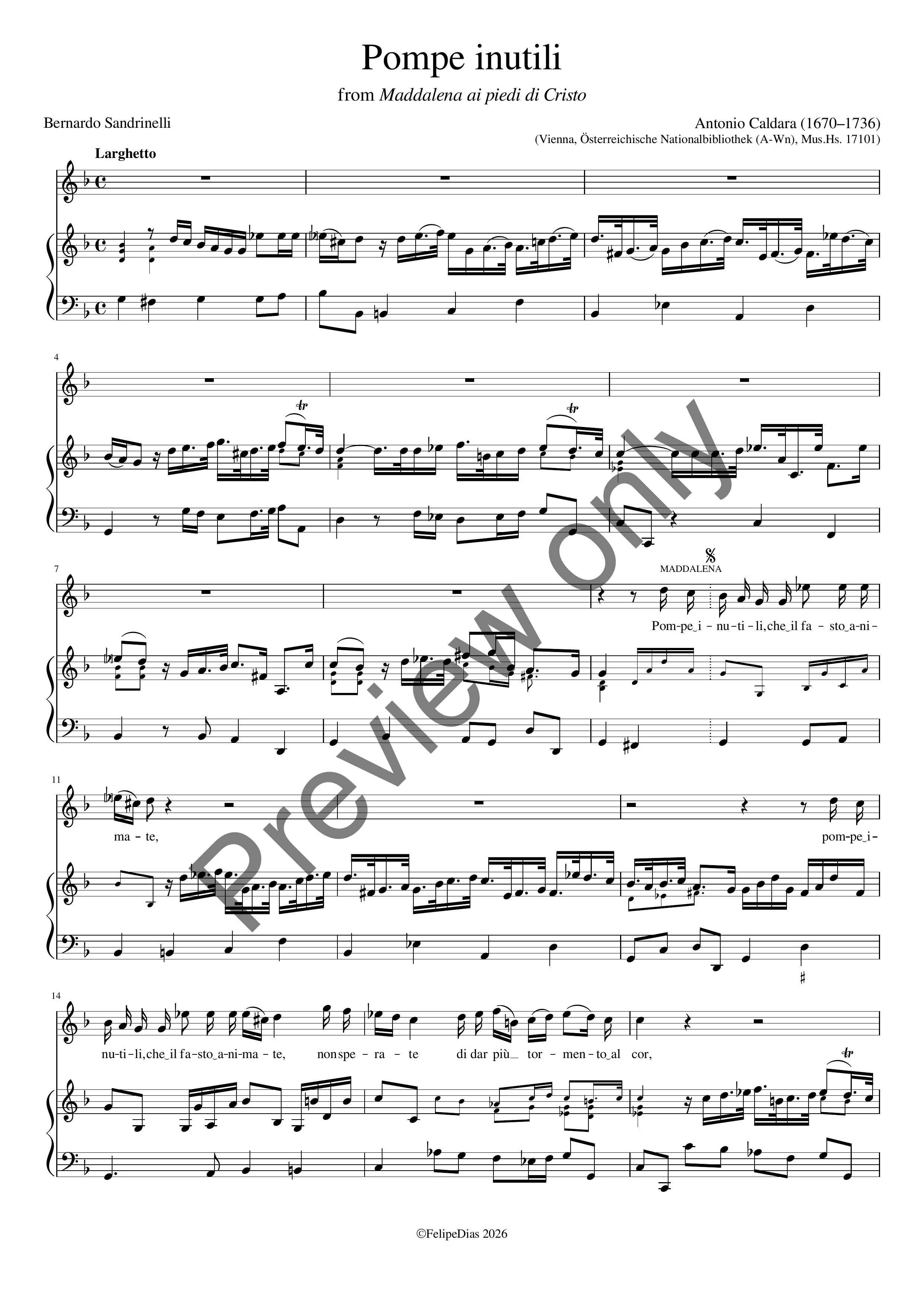 Antonio Caldara: Pompe inutili che il fasto animate (Vocal score/piano reduction)