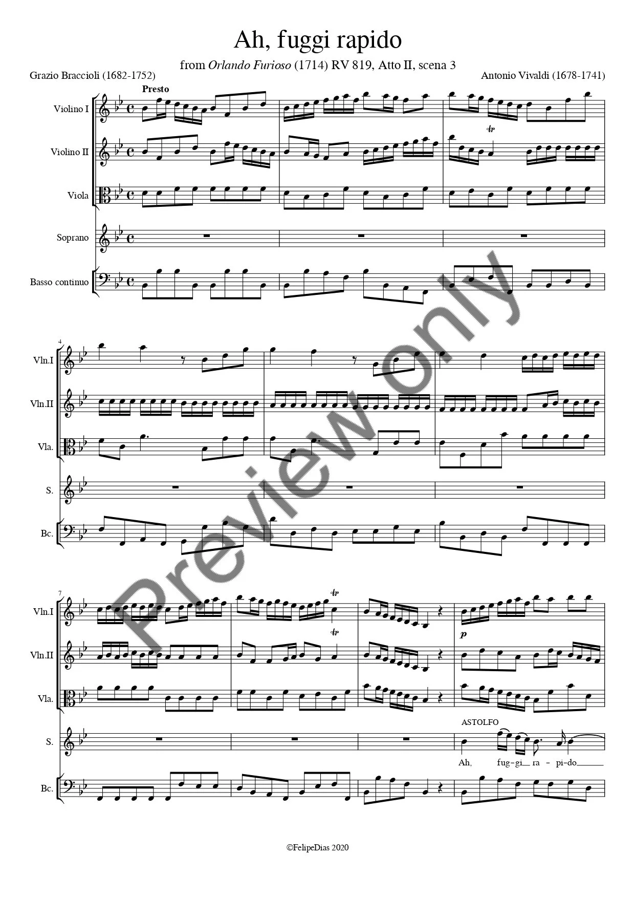Antonio Vivaldi: Ah fuggi rapido (Full score and parts)