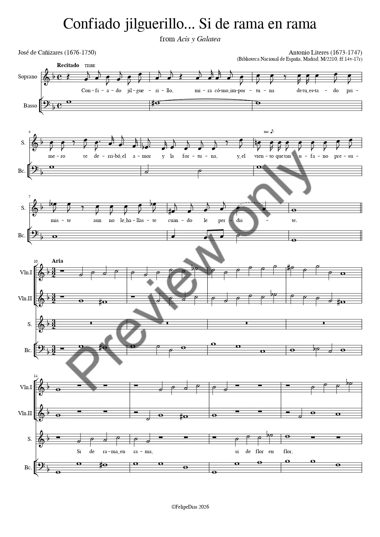 Antonio de Literes: Confiado jilguerillo... Si de rama en rama (from Acis y Galatea)