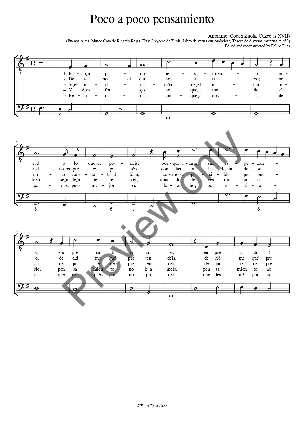 Codex Zuola: Poco a poco pensamiento (Transposed down a 4th)