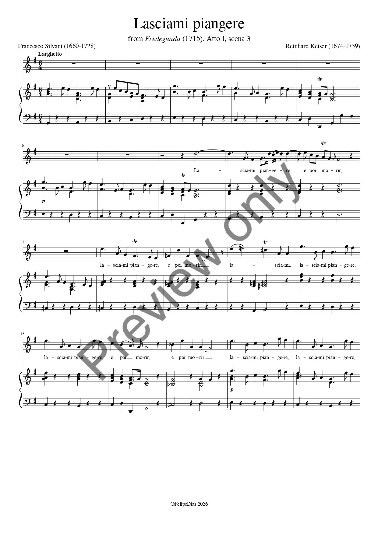 Reinhard Keiser: Lasciami piangere (Vocal score/piano reduction)