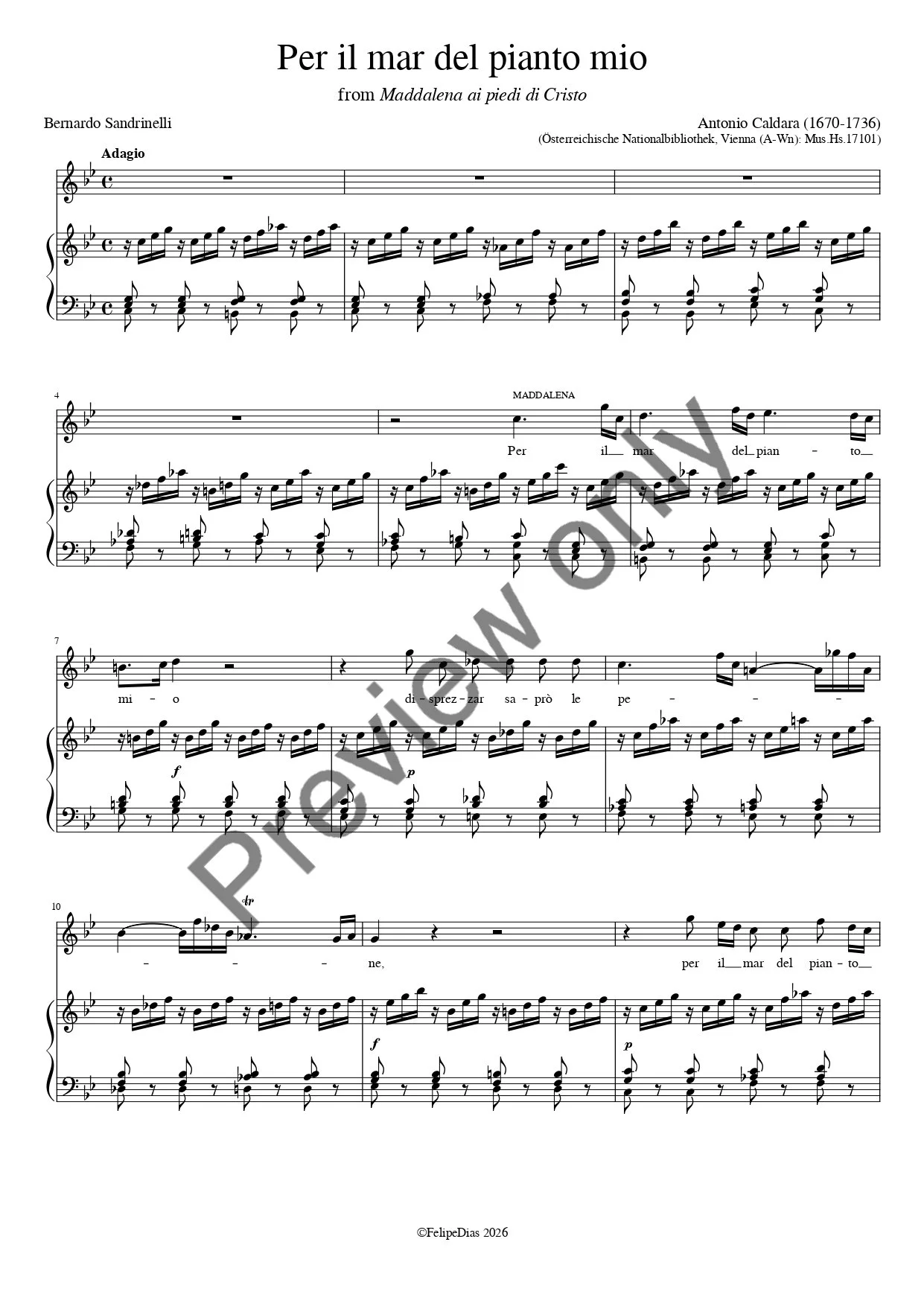 Antonio Caldara: Per il mar del pianto mio (Vocal score/piano reduction)