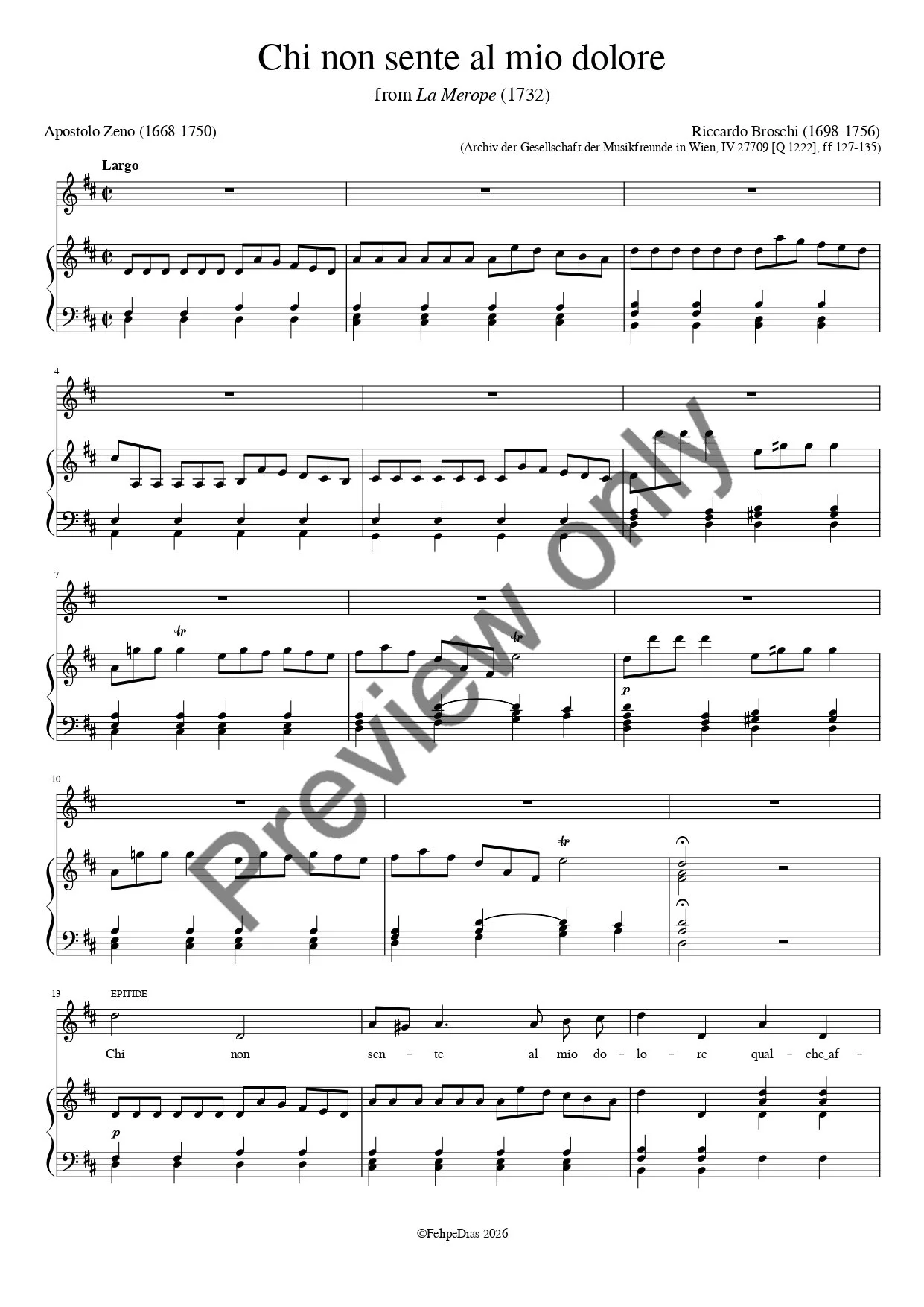 Riccardo Broschi: Chi non sente al mio dolore (Vocal score/piano reduction)