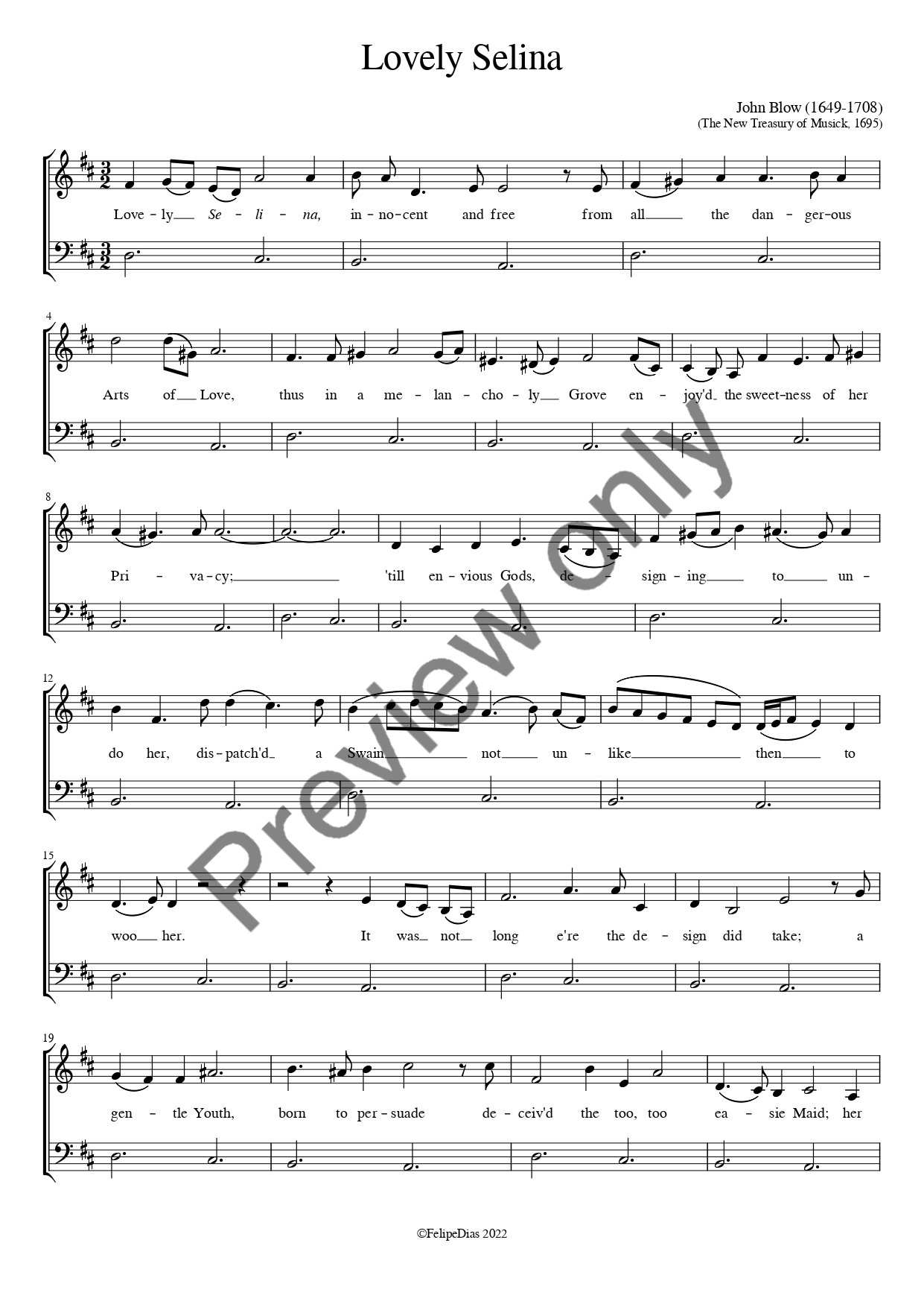 John Blow: Lovely Selina (Transposed down a 4th)