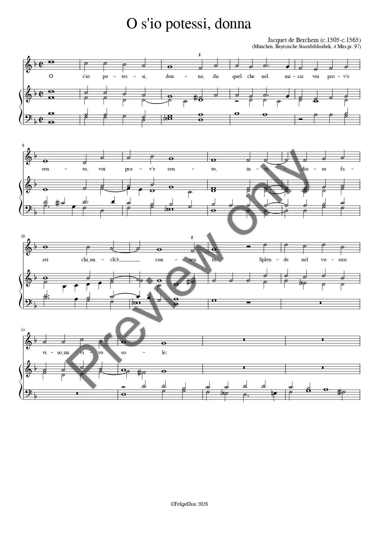 Jacquet de Berchem: O s'io potessi, donna