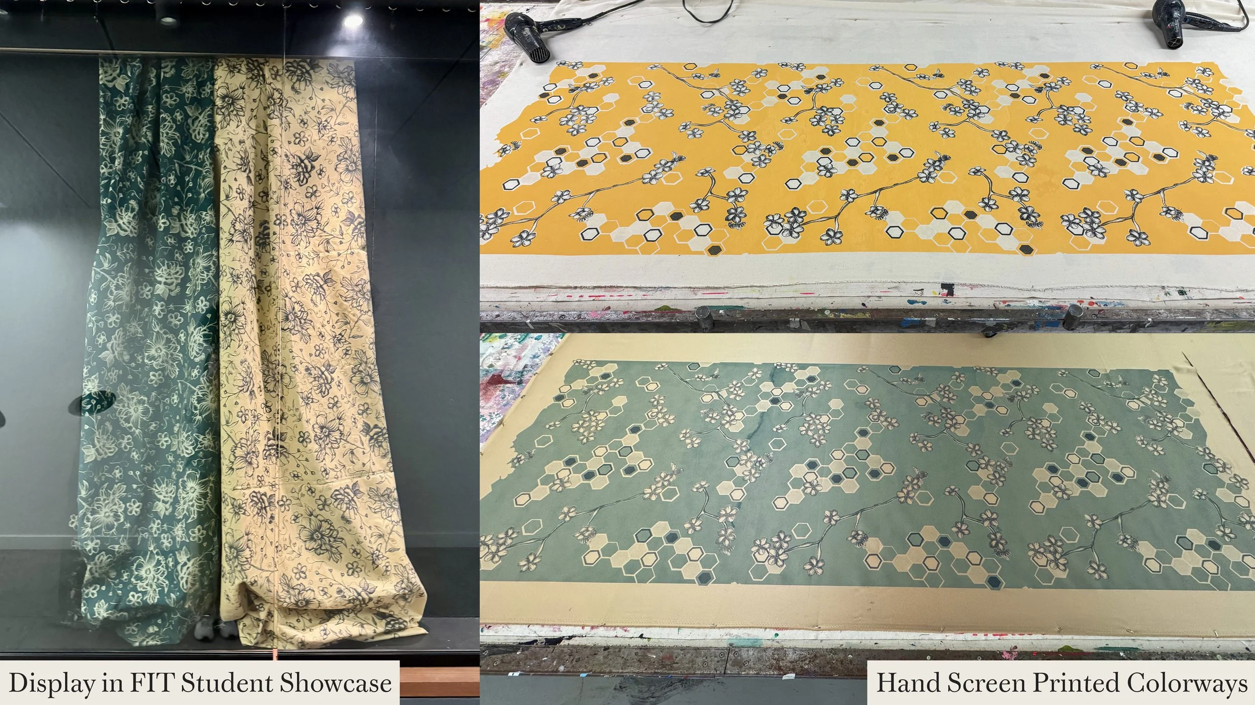 Screen printed collection using trap and blotch print techniques in repeat.