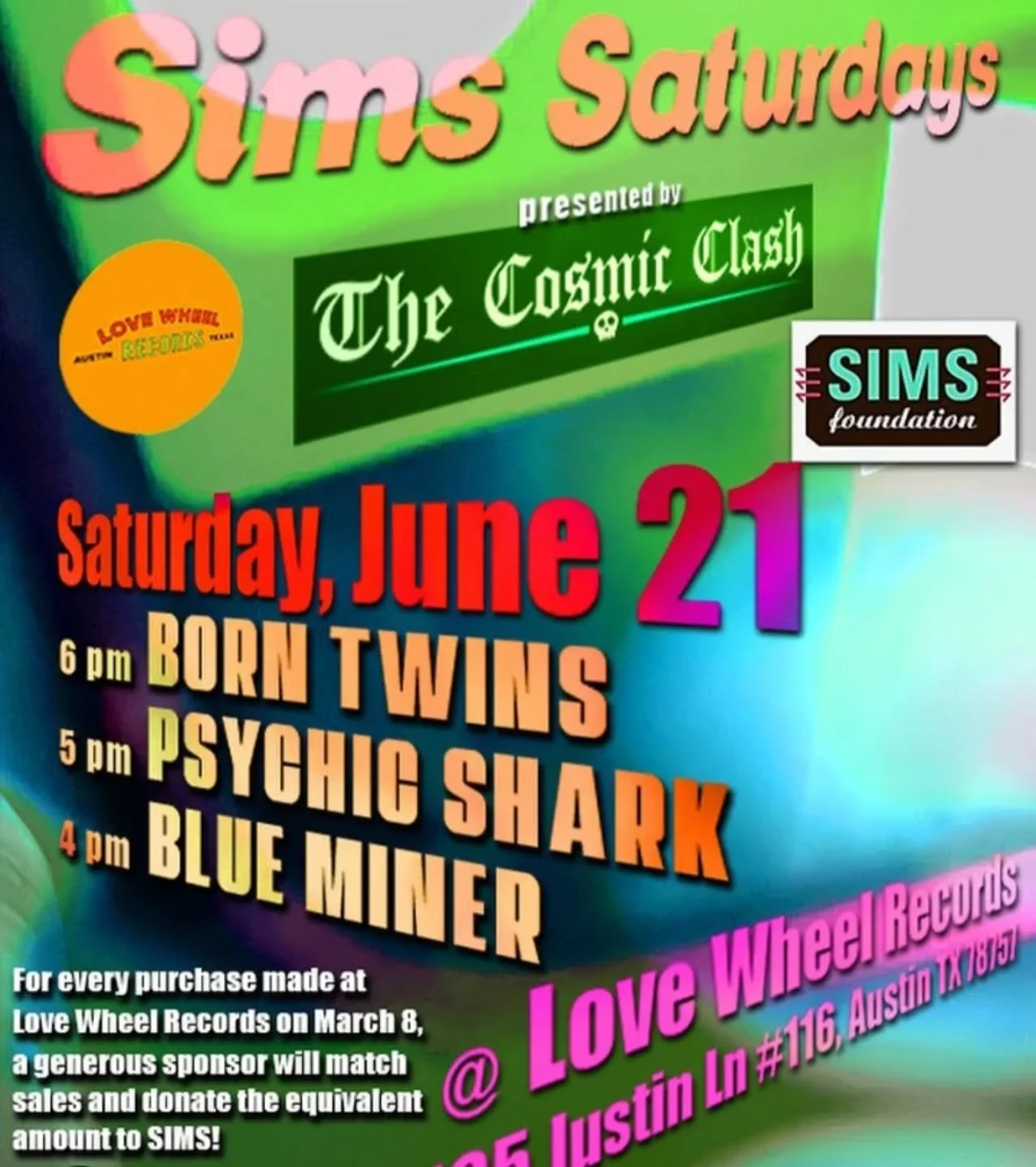 @simsfoundation SIMS Saturday event at @lovewheelrecordsaustin Saturday 21st
.
.
.
#music #gig #fundraiser #Austin #Texas