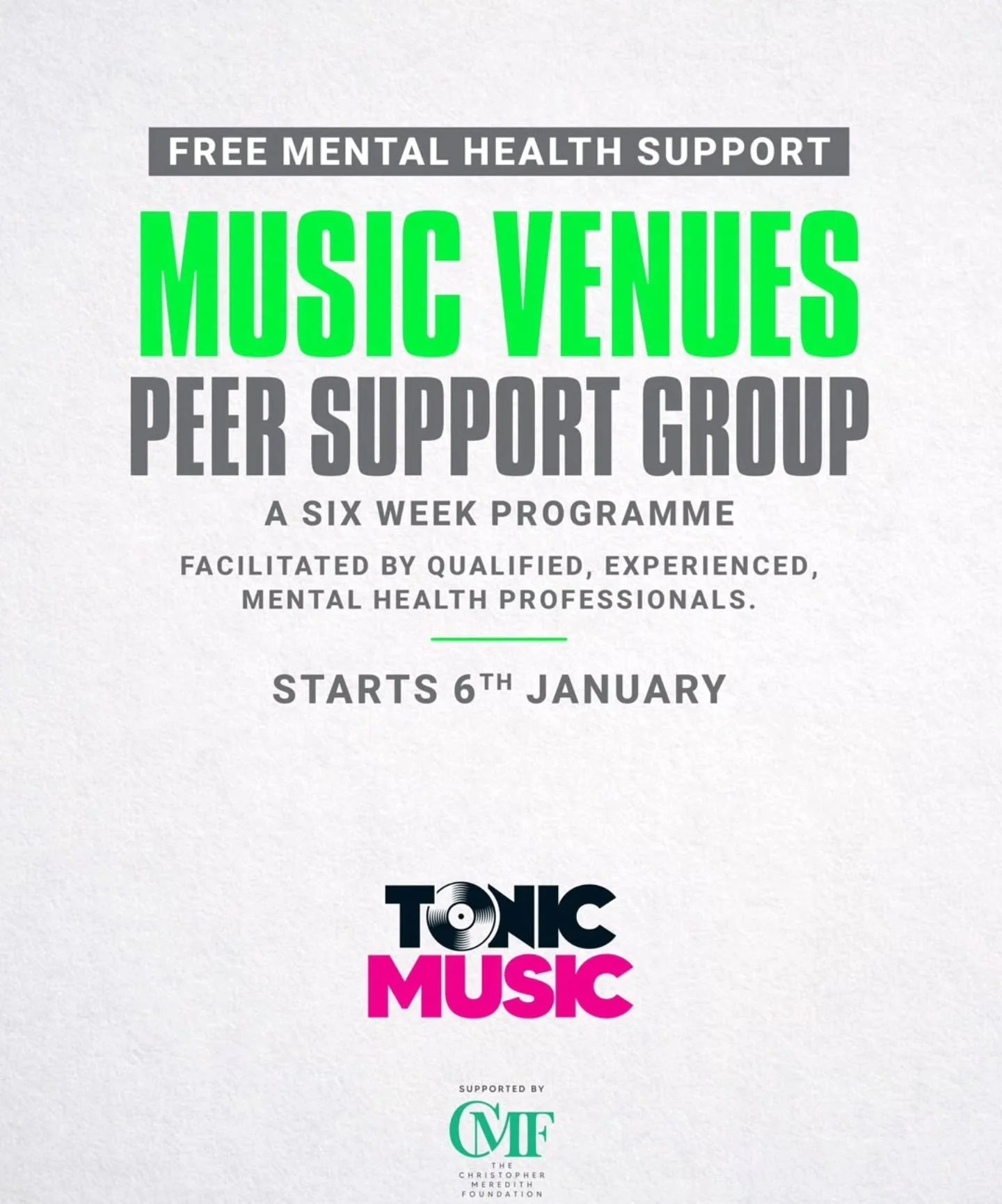 Registration is now open for @tonicmusicmh Peer Support Group Sessions:

Neurodiversity Peer Support Group
Monday 5th January (six week - 12:00pm-1:30pm)
https://www.tonicmusic.co.uk/post/psg26neu

LGBTQIA+ Peer Support Group
Monday 5th January (six 