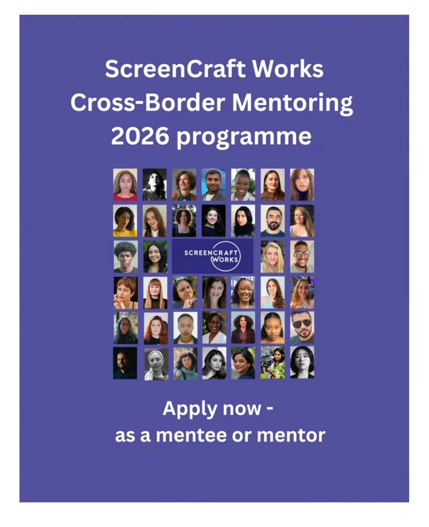 @screencraftworks international (virtual) Cross-Border Mentoring programme 2026 is open for applications for mentees and mentors.

Applications close on 18 January 2026

About the ScreenCraft Works mentoring programme: 
https://screencraftworks.org/m