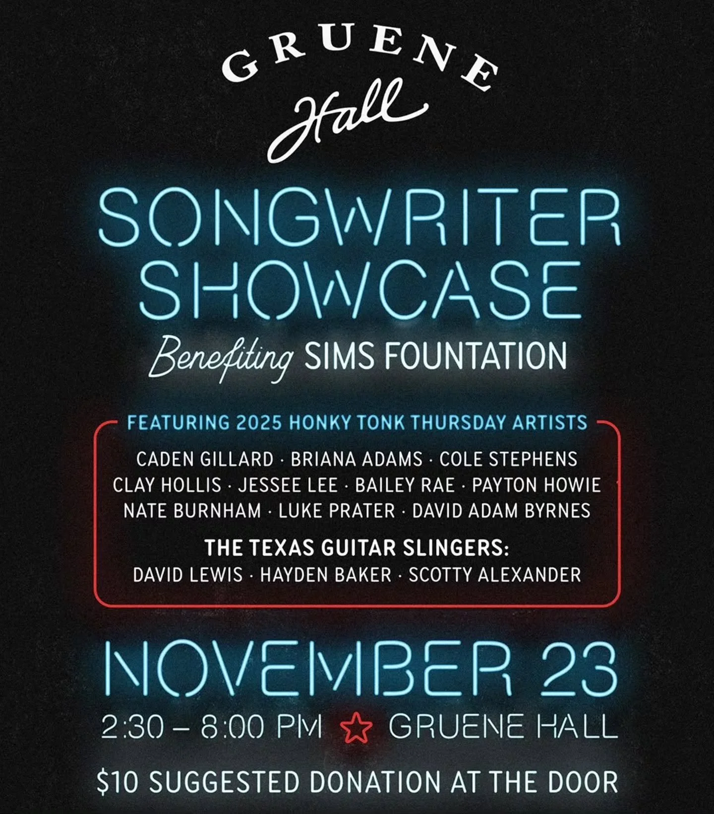 Gruene Hall Songwriter Showcase raising funds for @simsfoundation on Sunday November 23rd 🙌
.
.
.
#Austin #songwriter #Showcase #fundraiser