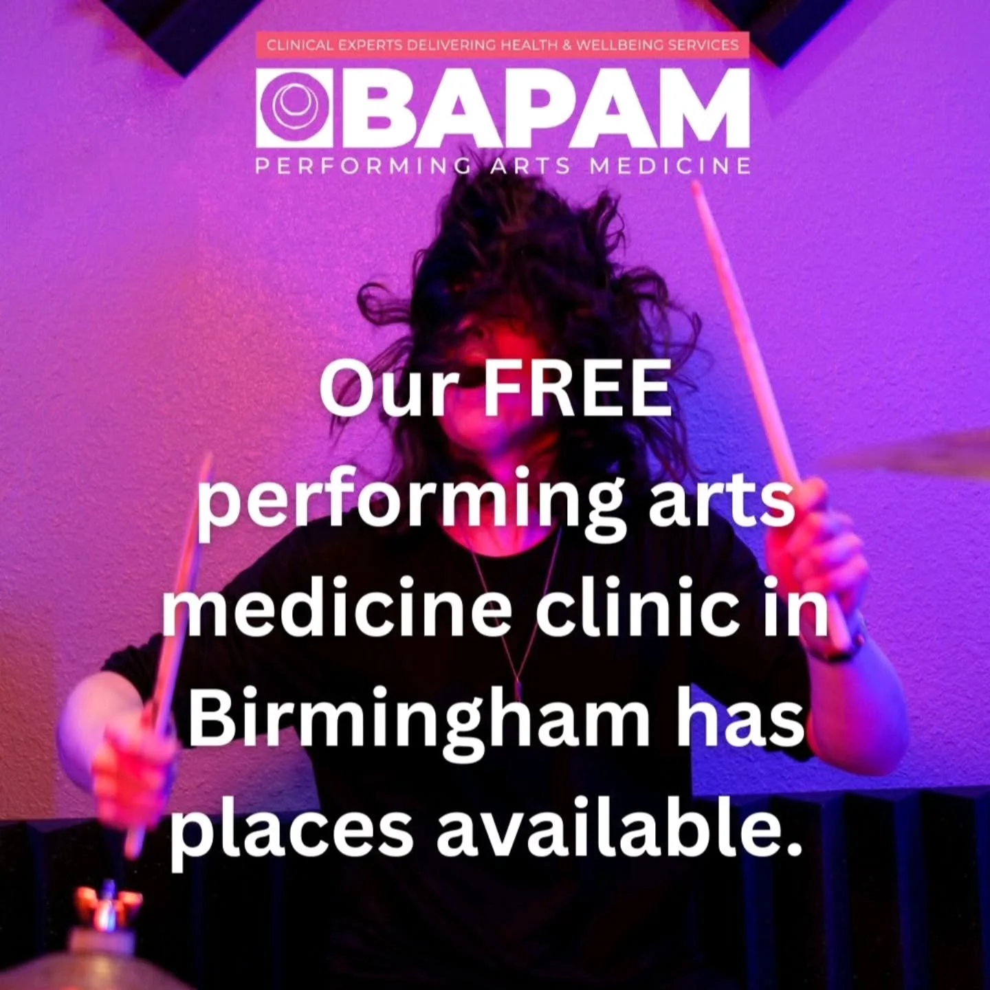 BAPAM's free performing arts medicine clinics in Birmingham is hosted by BIMM in the Performers College Digbeth. 

Our next Birmingham clinic has spaces available on the 27th of January.

To book an appointment please call the BAPAM Helpline on 020 8