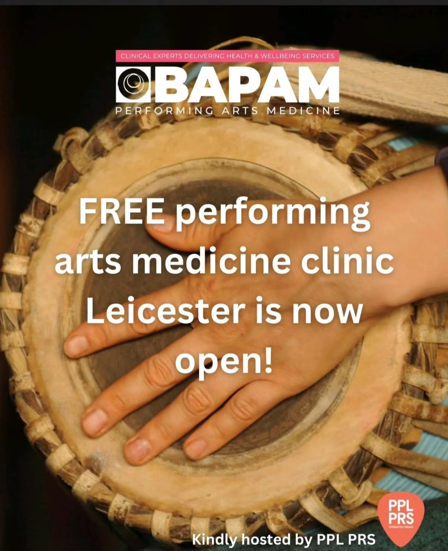 BAPAM's free performing arts medicine clinics in Leicester is open at PPL PRS. 

Our next Leicester clinic dates are 
20th Feb 10-1pm 
20th March 10-1pm 

To book an appointment please call the BAPAM Helpline on 020 8167 4775 or email us at info@bapa