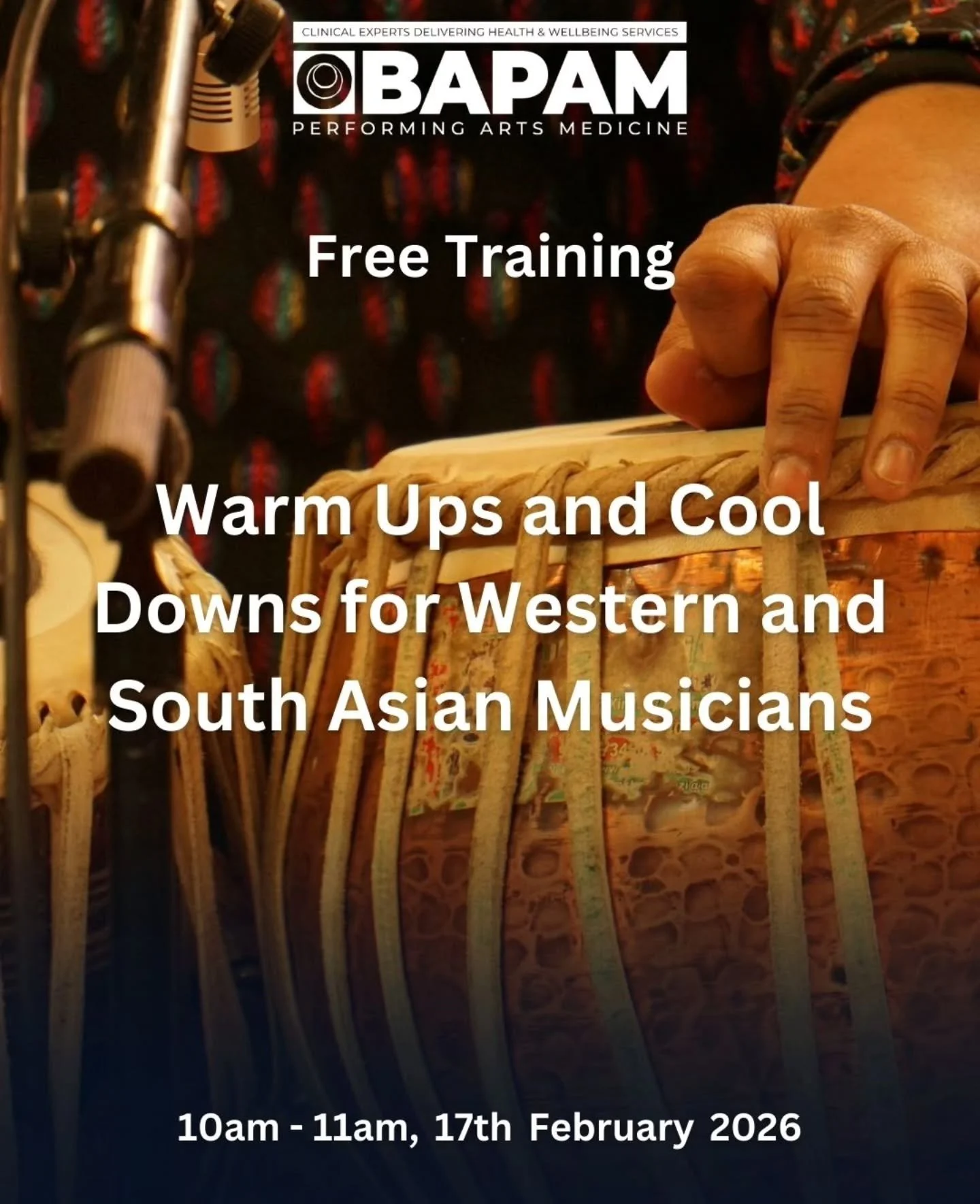 @ukbapam Training Event: Warm ups and Cool Downs Western and South Asian Musicians.

For more information or to book a spot:
 https://www.bapam.org.uk/eventbrite-event/bapam-training-warm-ups-and-cool-downs-western-and-south-asian-musicians/