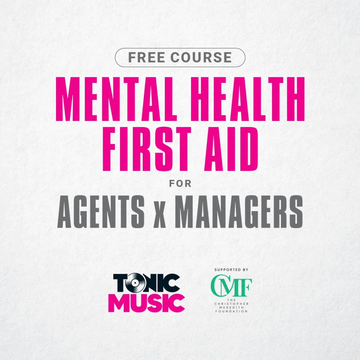 @tonicmusicmh Mental Health First Aid - Agents x Managers
Supported by The Christopher Meredith Foundation

🗓Thursday 19th March / Friday 20th March @ 08:00-17:00 

Two-day course teaching participants how to identify, understand and help someon