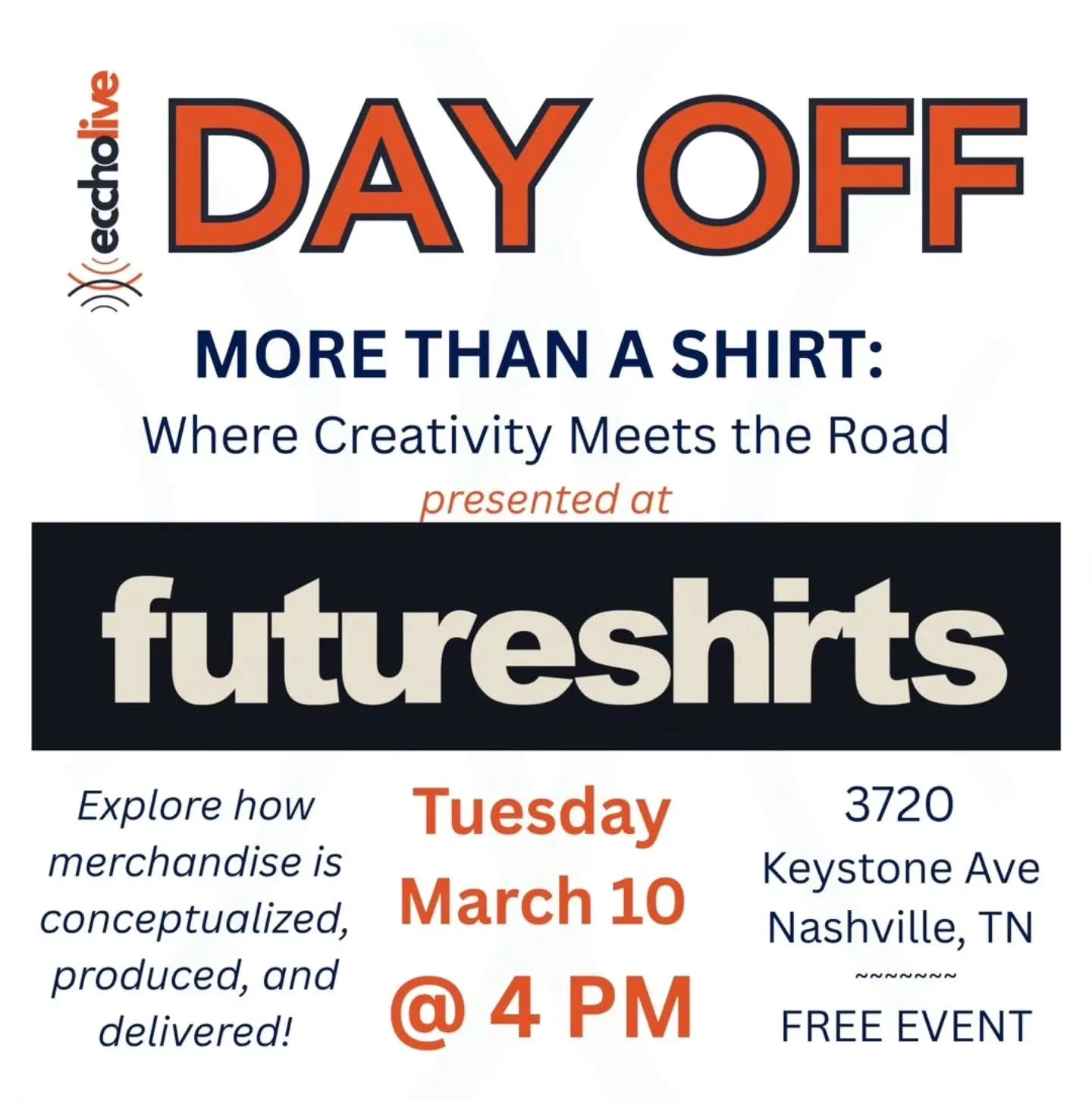 The next @eccholive Day off with @futureshirts for a behind-the-scenes look at how tour merch comes to life 
For more information head to eccholive.com