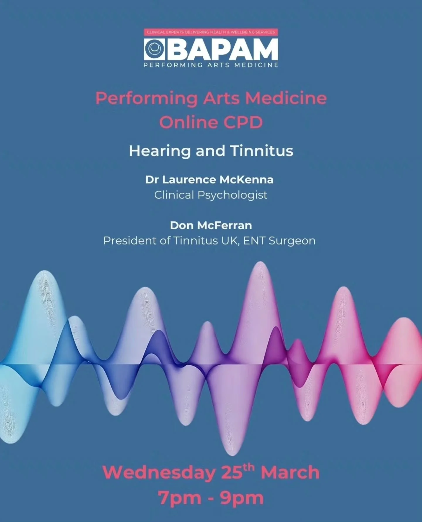 @ukbapam Online Hearing and Tinnitus session next week Wednesday 25th March 
To register head to bapam.org.uk