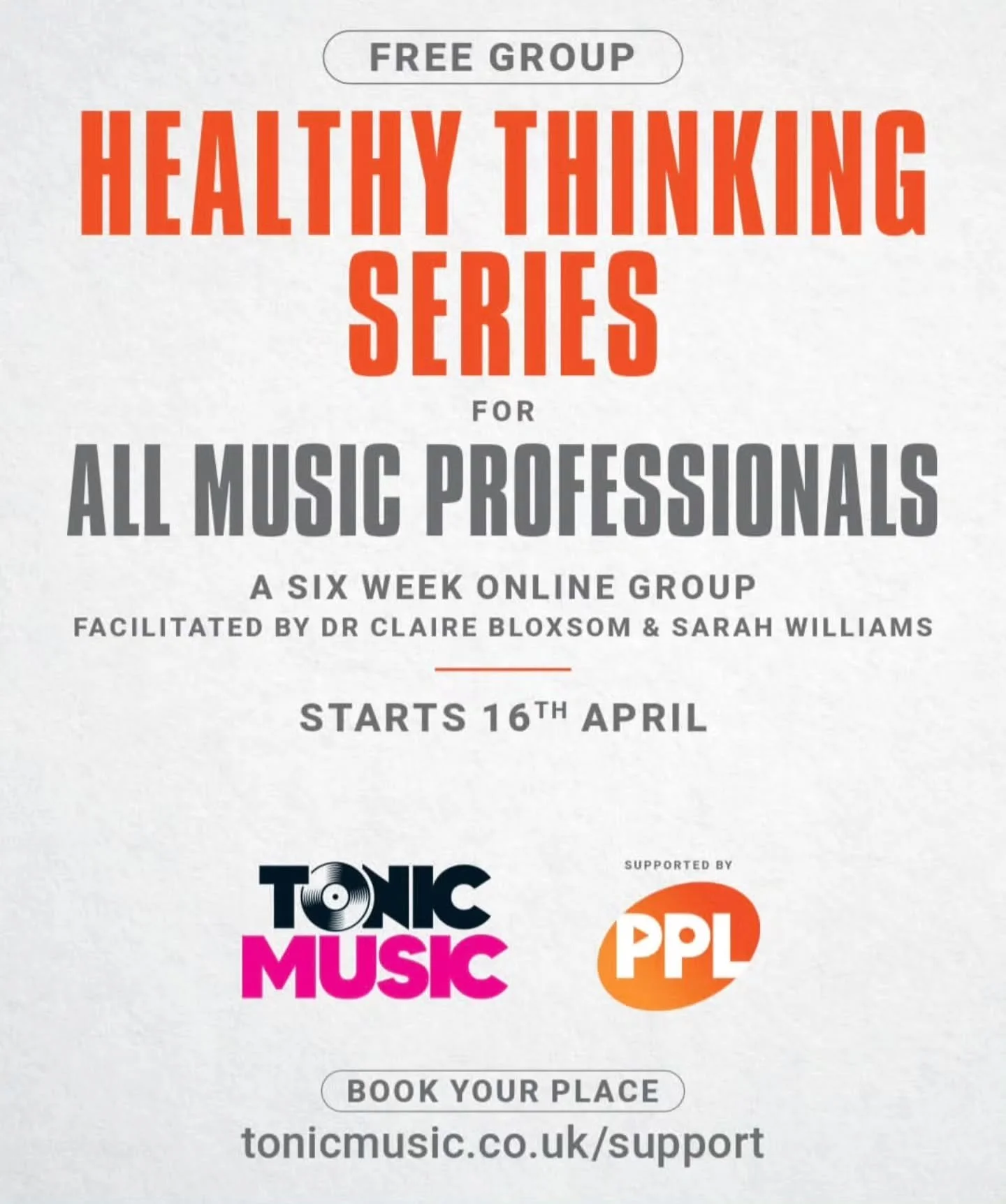 The @tonicmusicmh Healthy Thinking Series for All Music Professionals starts 16th April
For more information head to tonicmusic.co.uk