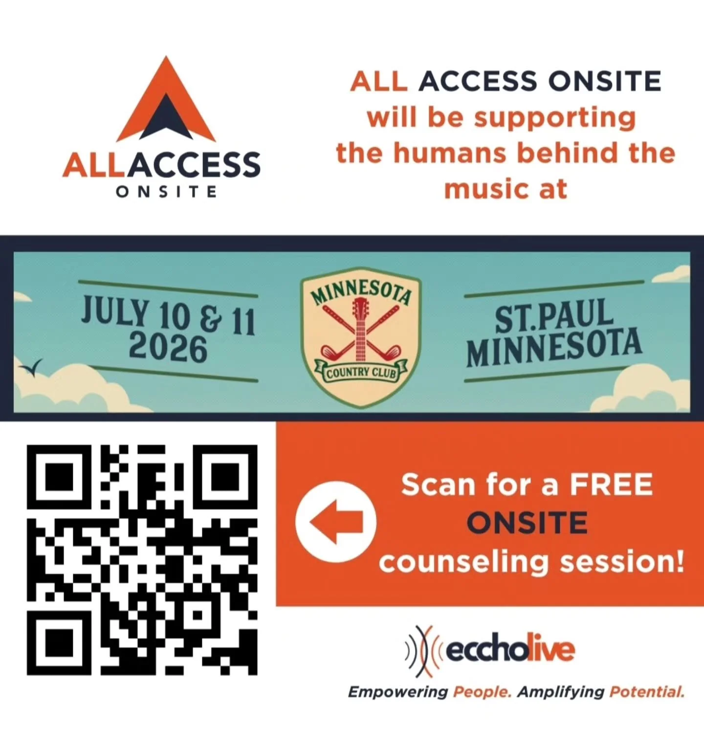 @eccholive All Access Onsite will be at @mncountryclub festival next month
Scan the QR code for a free counselling session 
For more information head to eccholive.com