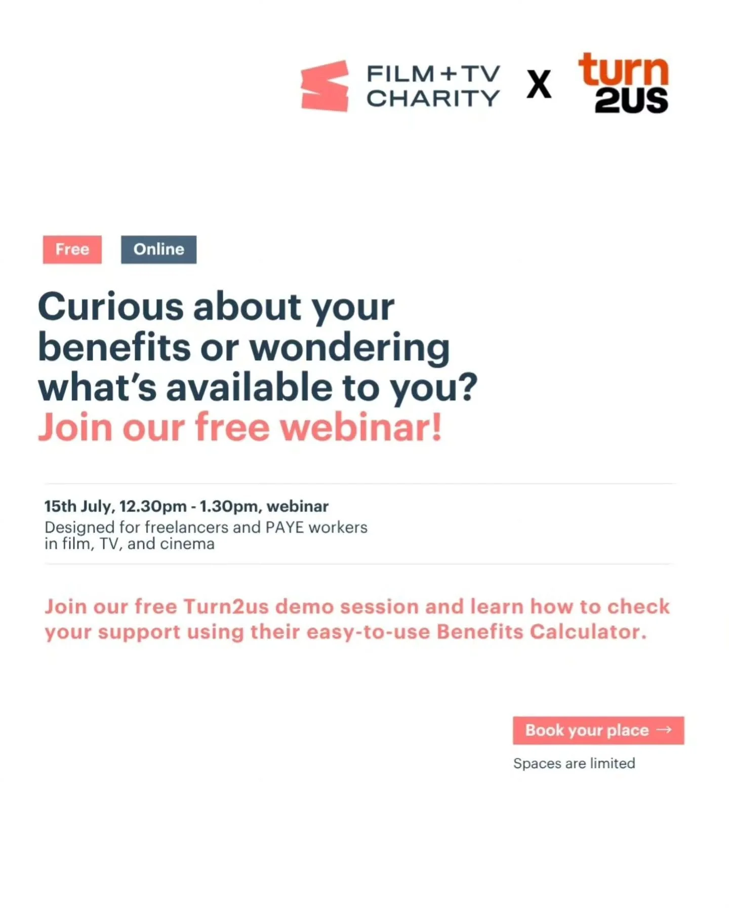 @filmtvcharity have spots available for the Turn2us demo session on Wednesday 15th July
For more information head to filmtvcharity.org.uk 
.
.
#film #TV #freelance #webinar