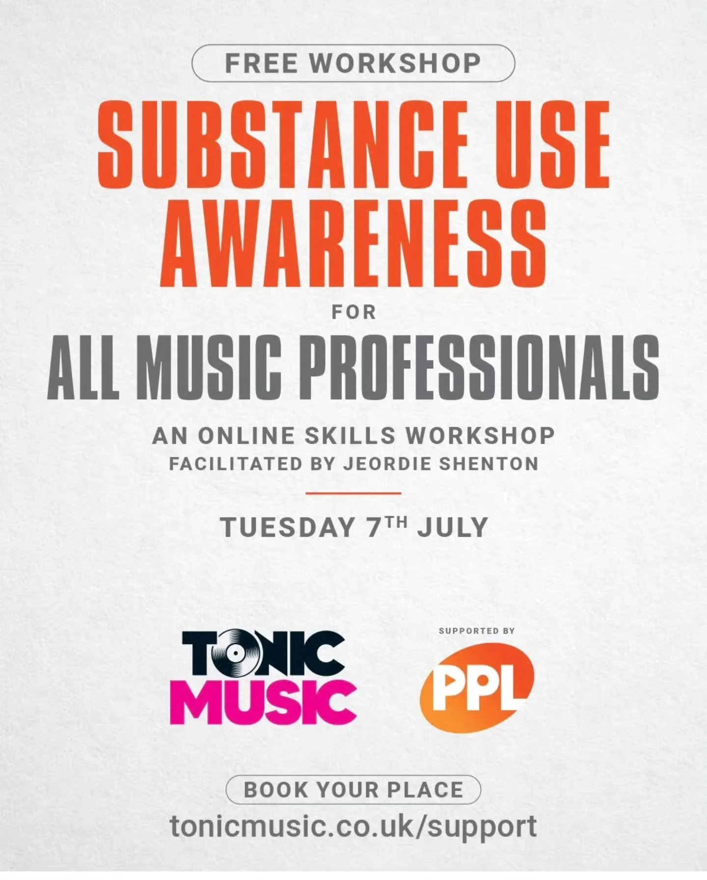 @tonicmusicmh Skills Workshop: Substance Use Awareness for all music professionals.
For more information head to tonicmusic.co.uk 
.
.
#musicindustry #mentalhealth #recovery