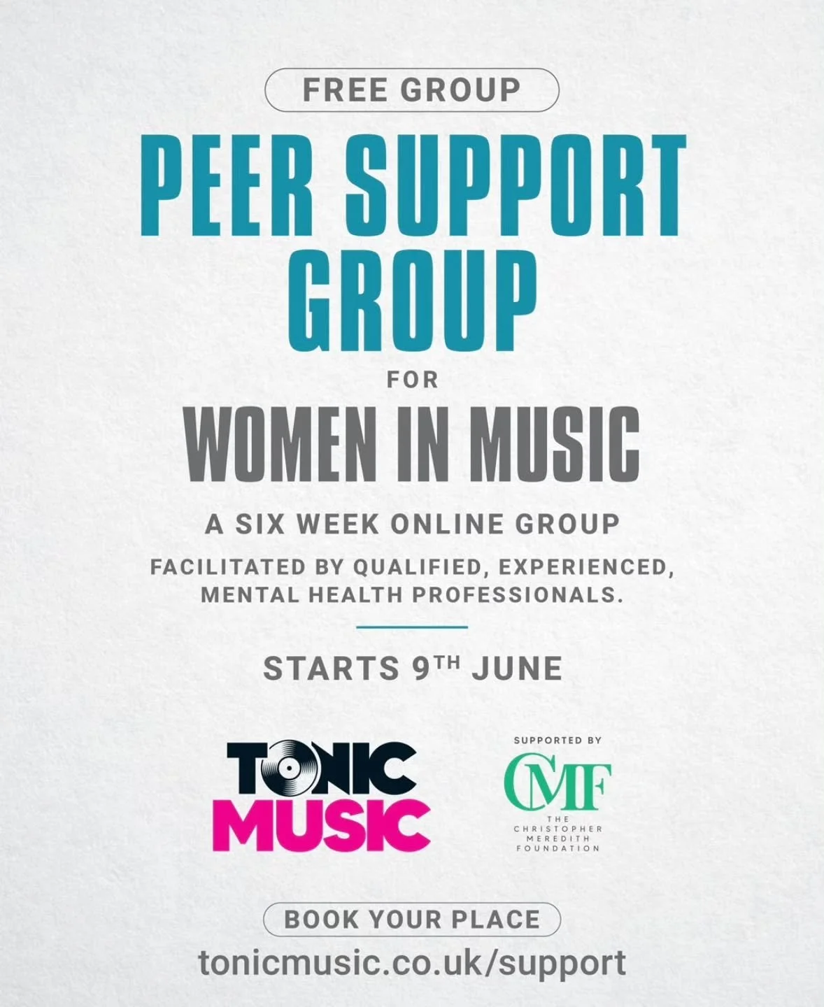 @tonicmusicmh are providing a new Peer Support Group for Women in Music starting Thursday 9th June 
To register or for more information head to: tonicmusic.co.uk