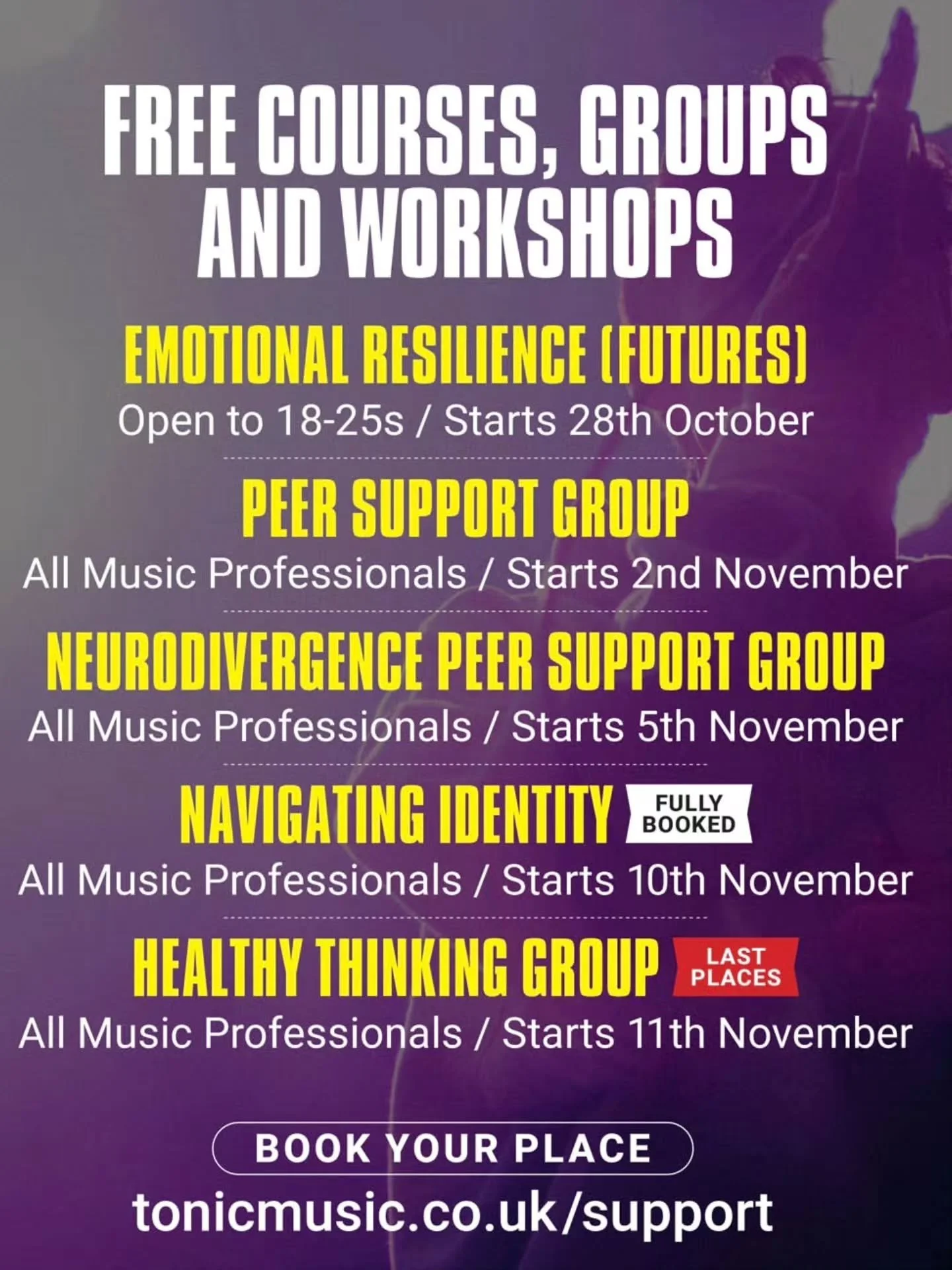 @tonicmusicmh upcoming free courses, groups and workshops are available to book now. For more information head to tonicmusic.co.uk 

#musicindustry #mentalhealth #events #Support