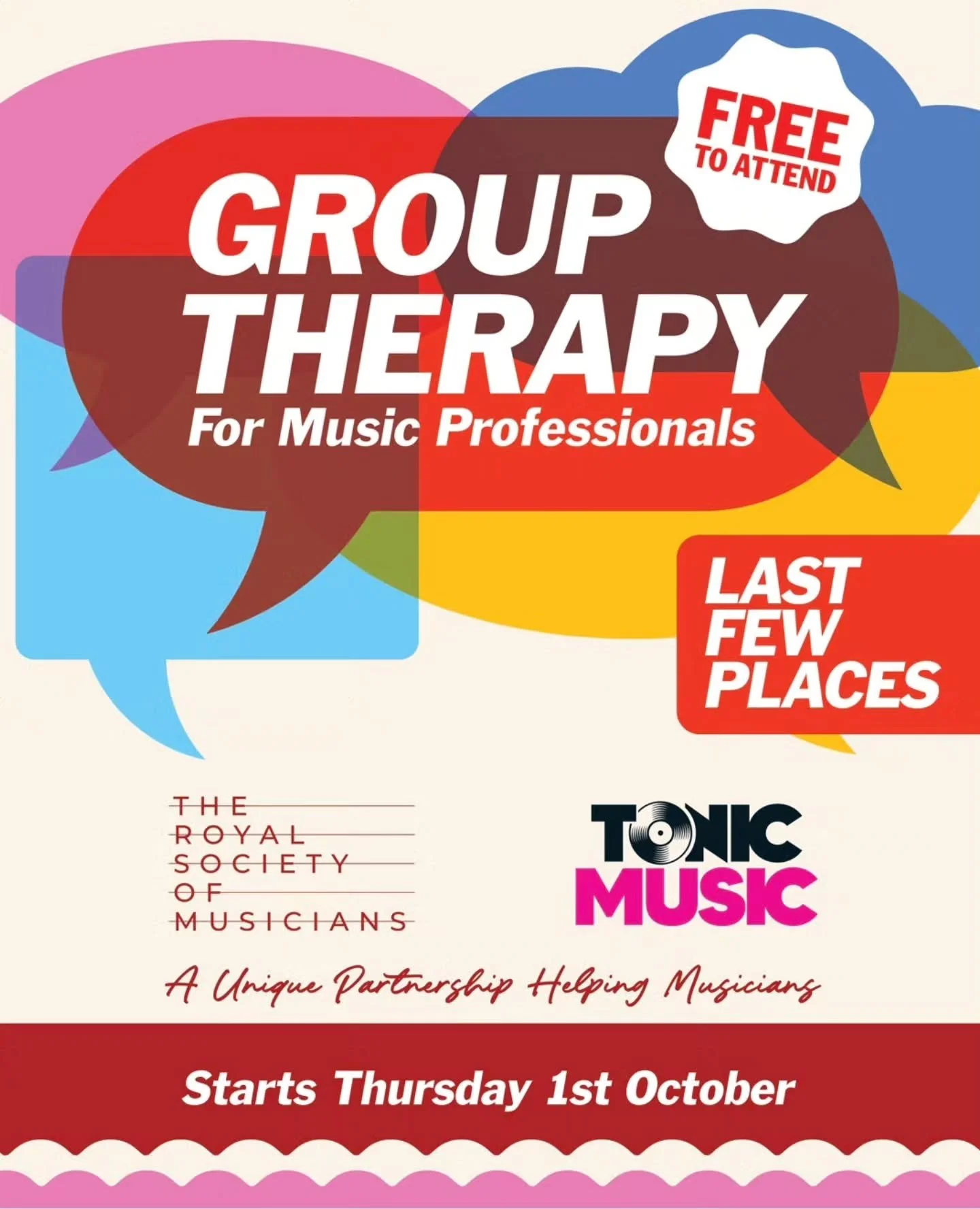 Last spots available for @rsmg &amp; @tonicmusicmh Group Therapy For Music Professionals starting Thursday 1st October 
For more information head to: tonicmusic.co.uk
