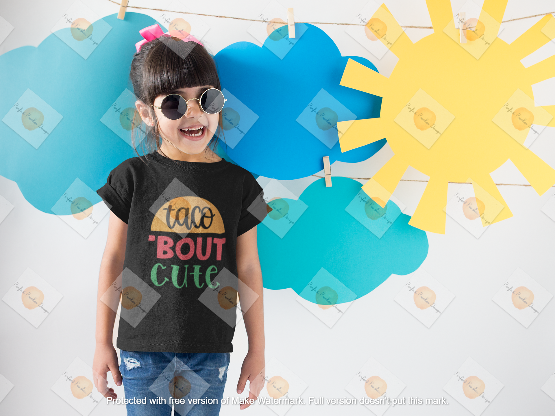 smiling-girl-wearing-a-round-neck-tshirt-template-near-cardboard-sun-and-clouds-a19480.png