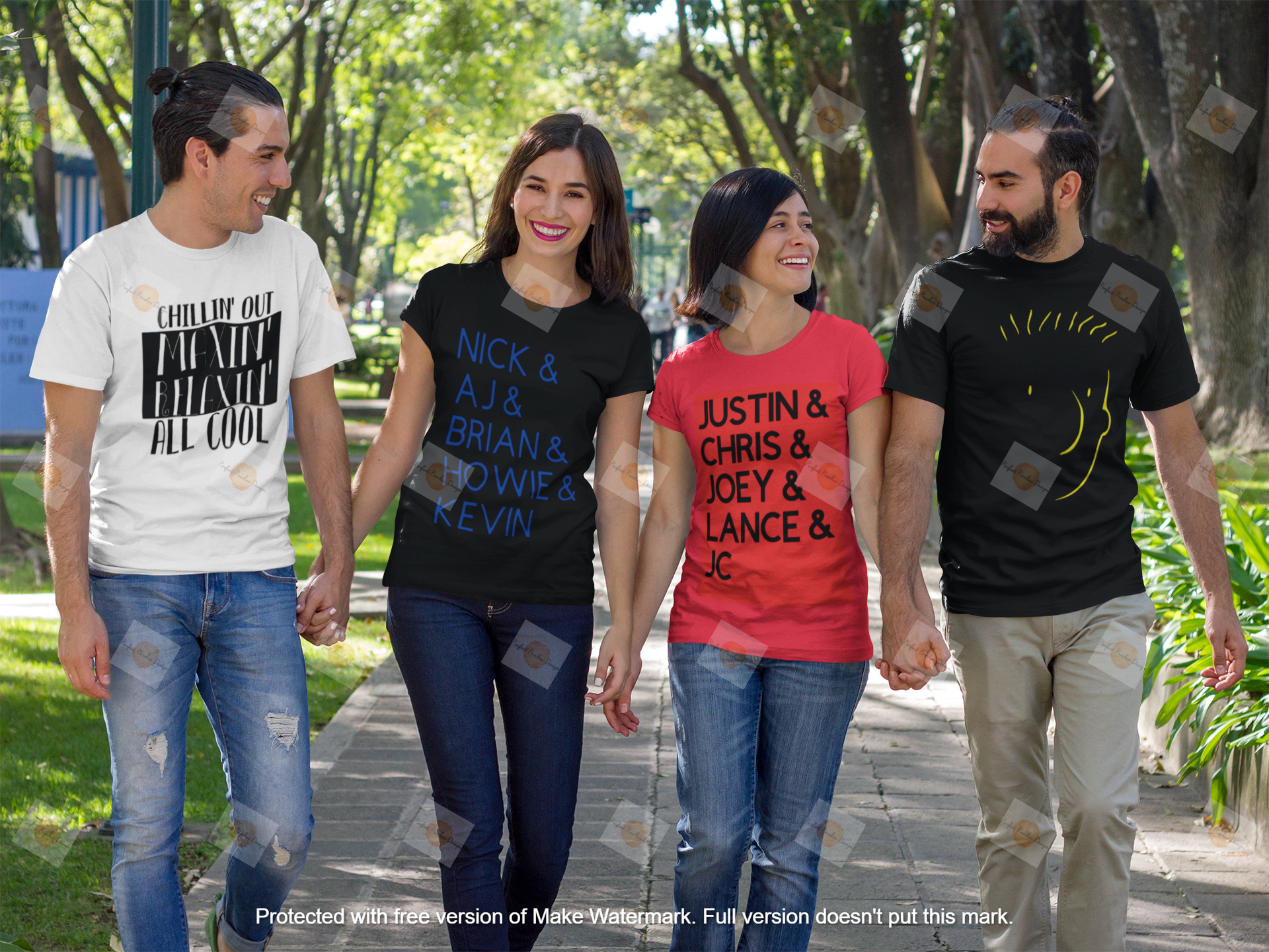 group-of-two-couples-walking-and-talking-at-a-park-while-wearing-different-t-shirts-template-a15685.png