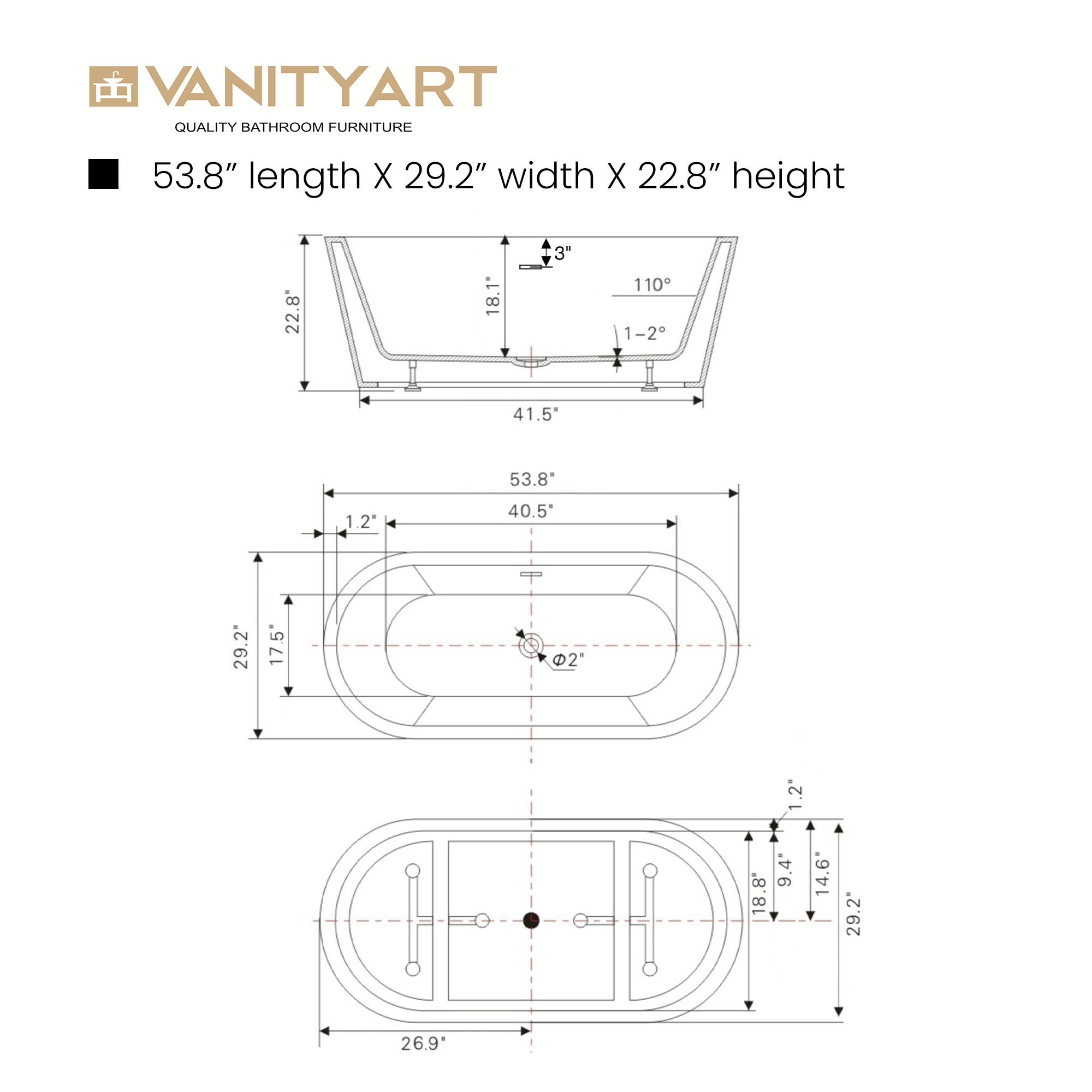 54" Freestanding Bathtub — Vanity Art
