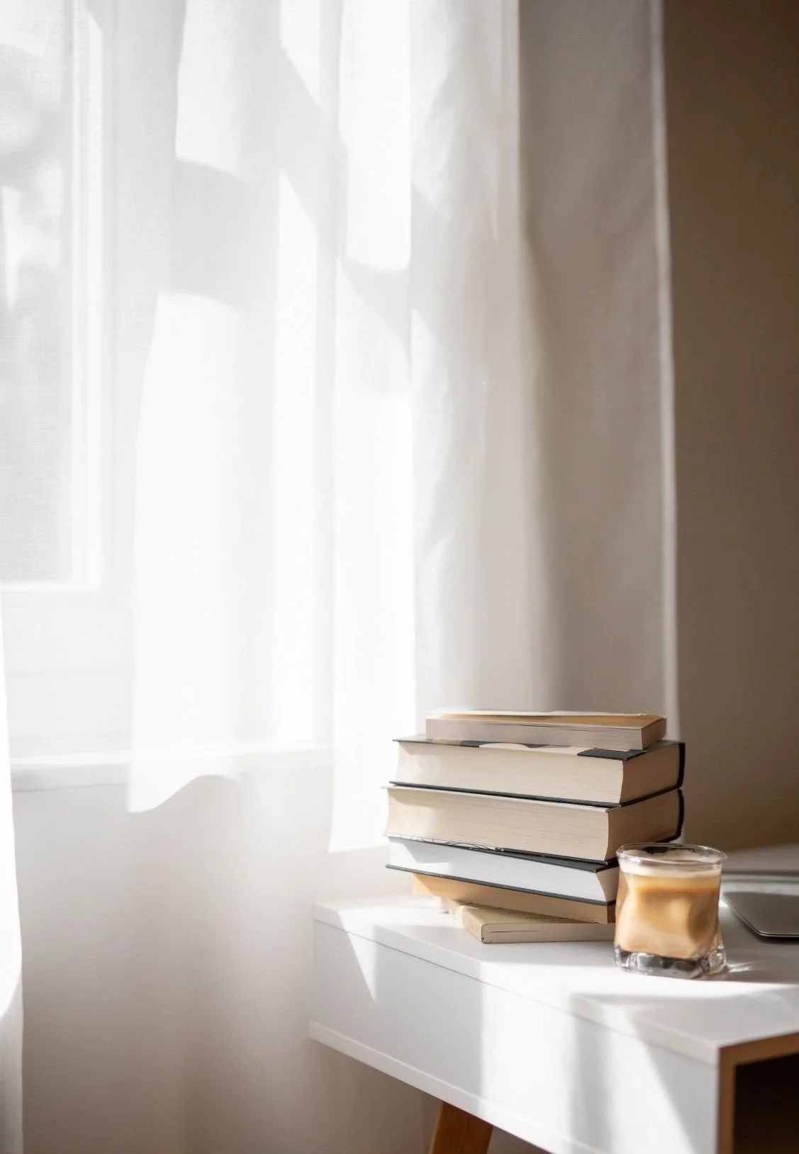 Sunlit scene with a stack of books and a glass of iced coffee on a white table near a window with sheer curtains.