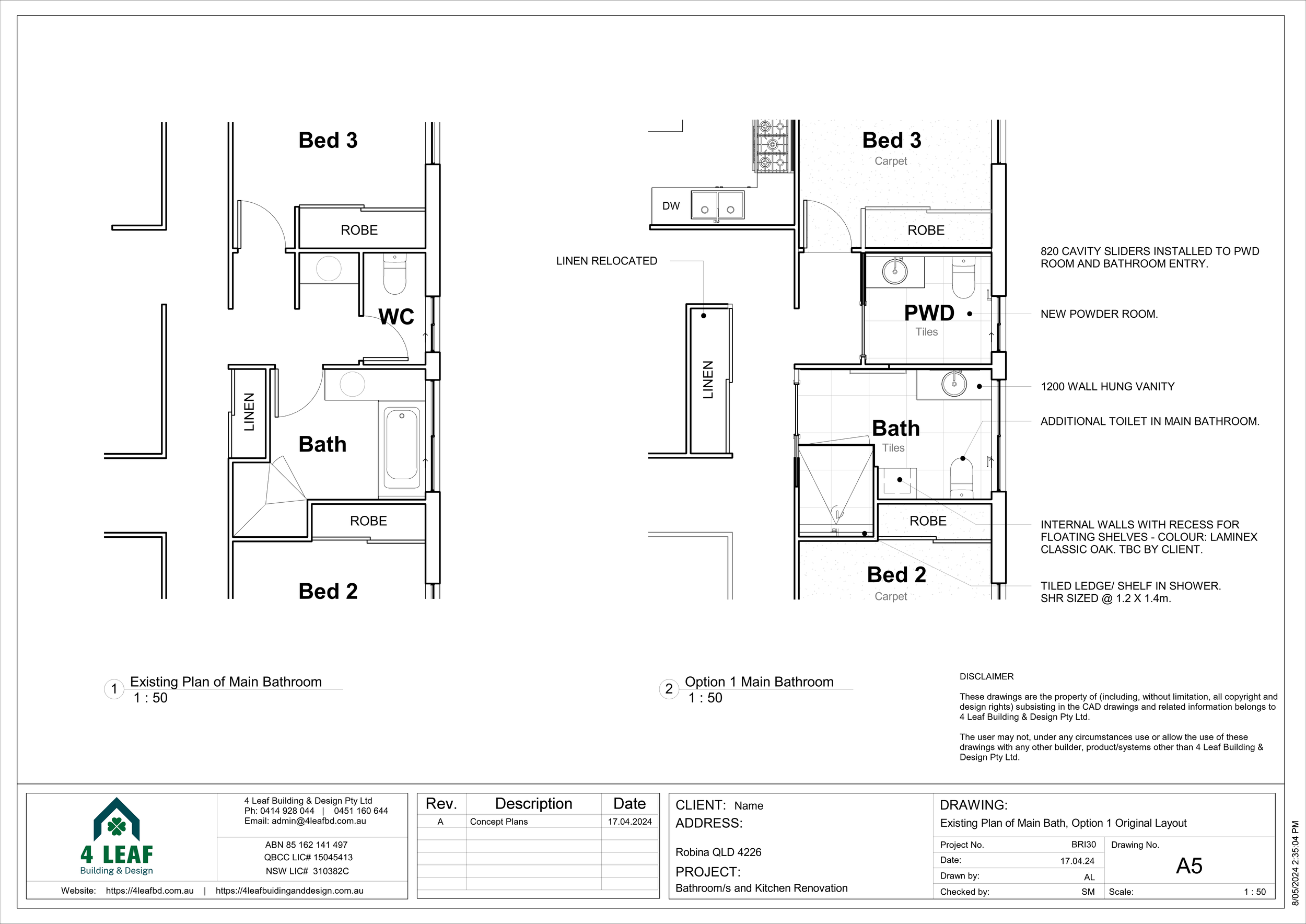 BRI30, Concept Plans_no info - Sheet - A5 - Existing Plan of Main Bath, Option 1 Original Layout.png