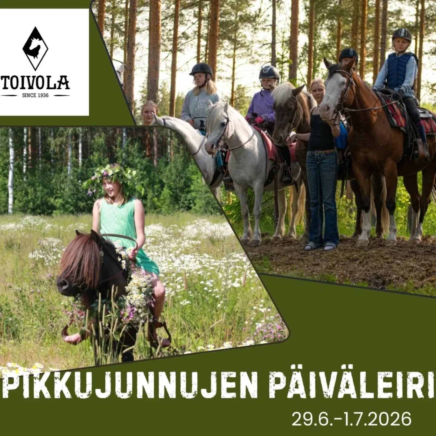 Tervetuloa pikkujunnujen p&auml;iv&auml;leirille! T&auml;m&auml; leiri sopii ensimm&auml;iseksi kes&auml;leiriksi hevosten parissa! Leirill&auml; ratsastetaan kent&auml;ll&auml; ja maastossa 2h/pv&auml;, tutustutaan hevosen hoitoon ja varustamiseen, 