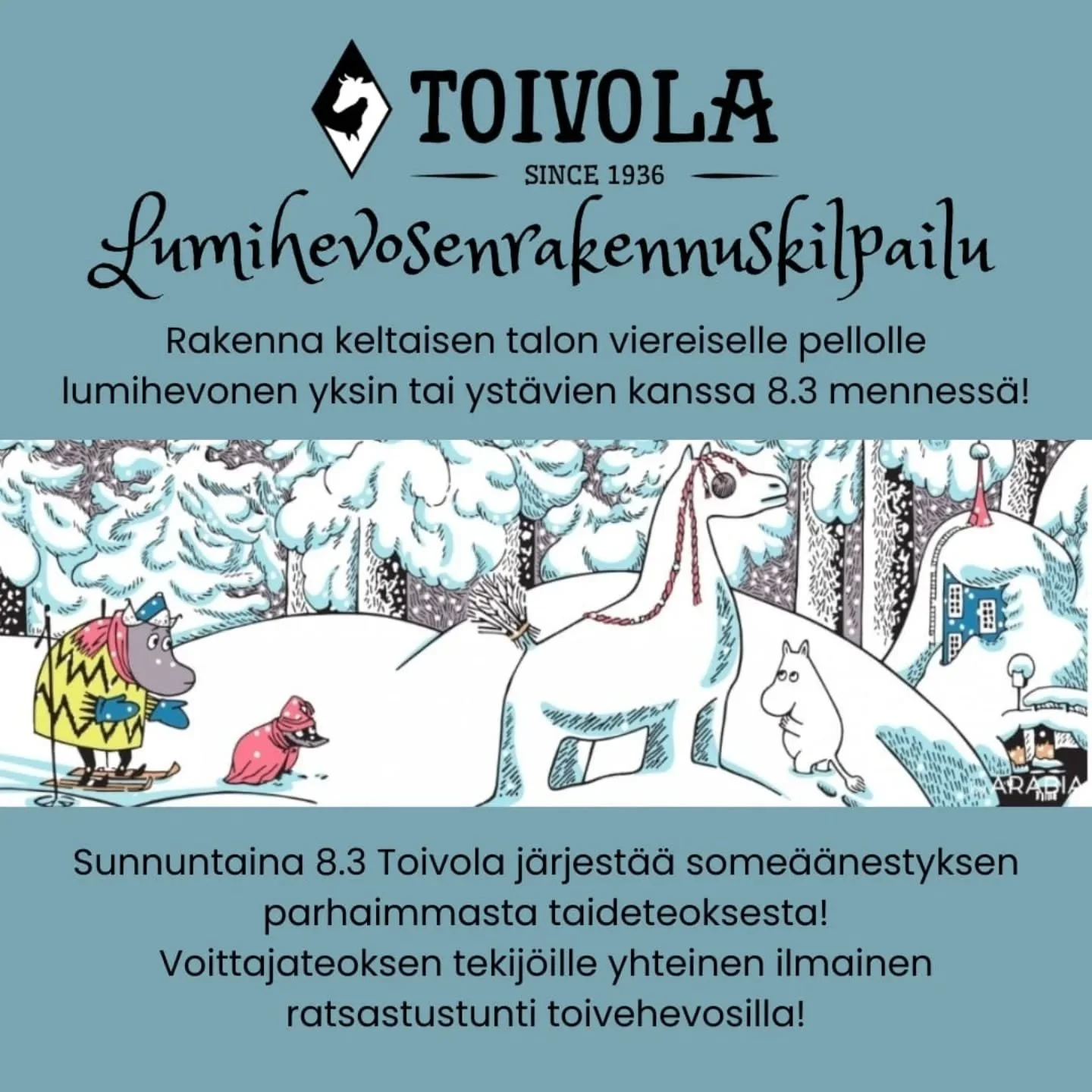 Tallille saa tulla rakentamaan lumihevosia t&auml;ll&auml; viikolla! Mutta varothan, ettei heppasi sula ennen arvostelua! Omat ev&auml;&auml;t ja hevosia saa ihastella vain aidan ulkopuolelta😊