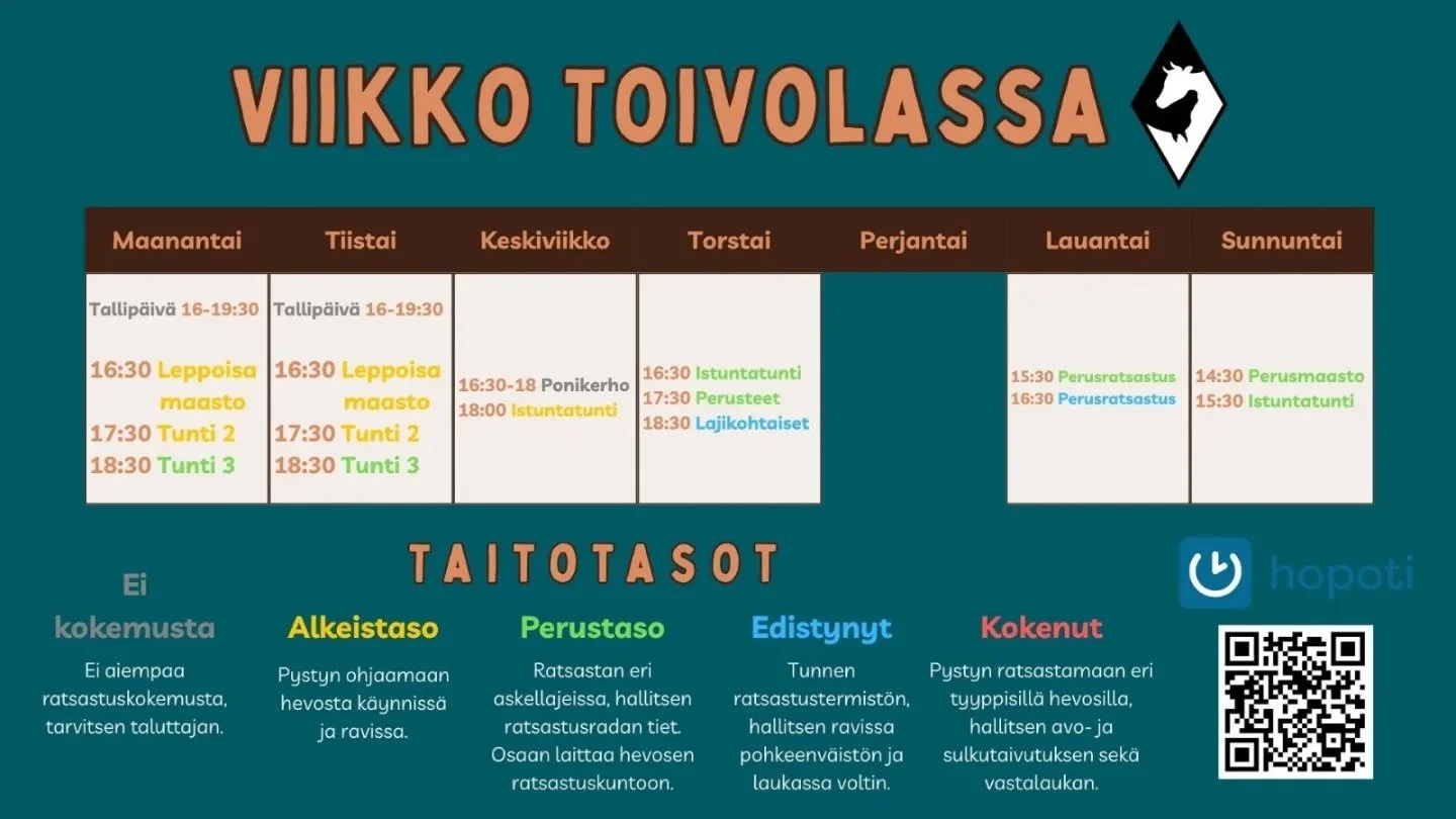 T&auml;st&auml; viikon lukuj&auml;rjestyst&auml;! Tunneilla on hyvin tilaa, meill&auml; on hyv&auml; yhteishenki, mukava ilmapii, ihanat hevoset ja t&auml;&auml;ll&auml; autetaan kaikessa! Tule mukaan!
#l&auml;nnenratsastus #kouvola #ratsastamaankouv