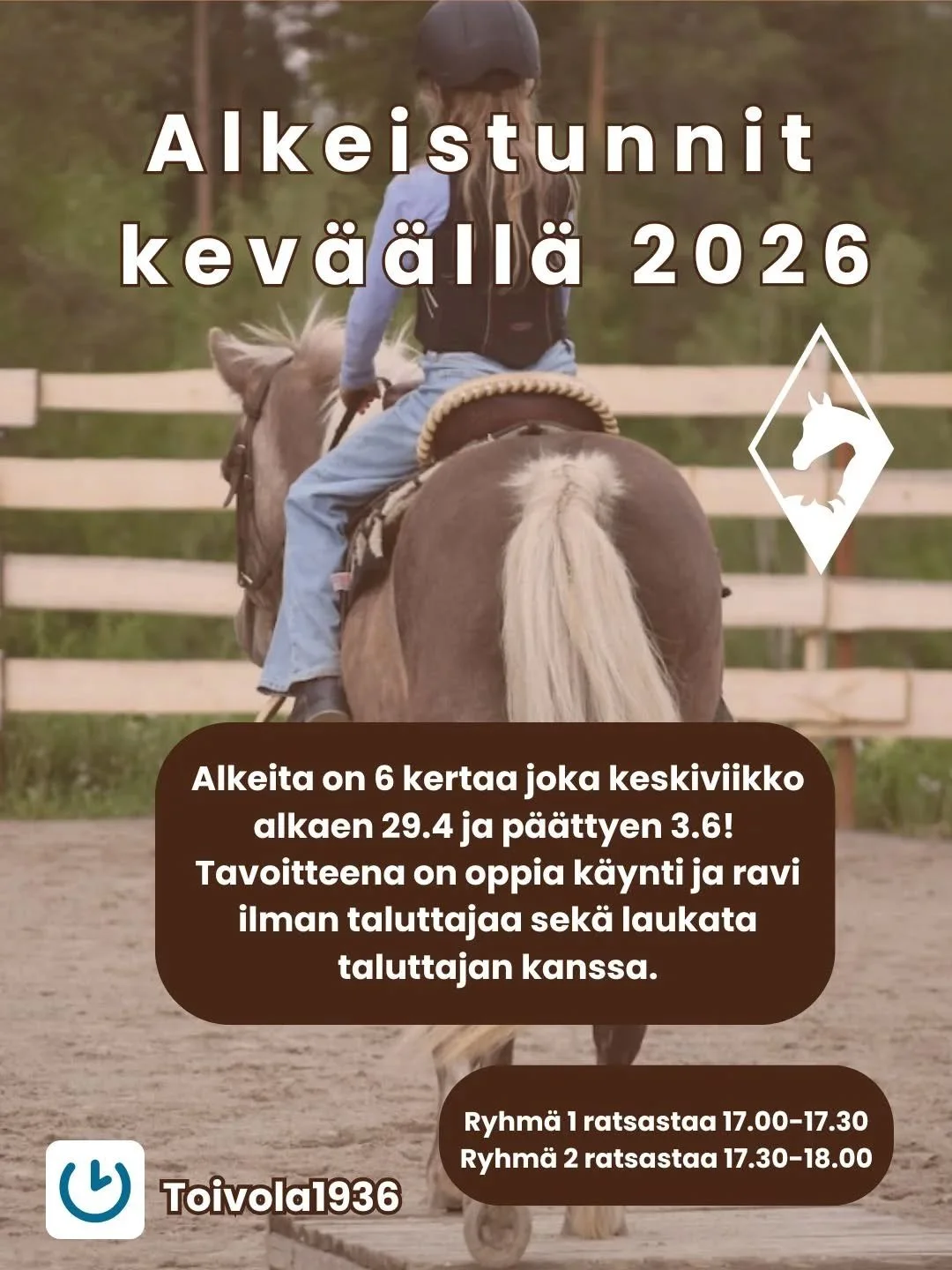 Tervetuloa harjoittelemaan ratsastuksen alkeita 30min kest&auml;ville pienryhm&auml;tunneille keskiviikkona! Sopii kaikille. T&auml;m&auml; on my&ouml;s hyv&auml; tunti harjoitella ratsastusta ilman taluttajaa ja ponikerhon k&auml;yneet p&auml;&auml;