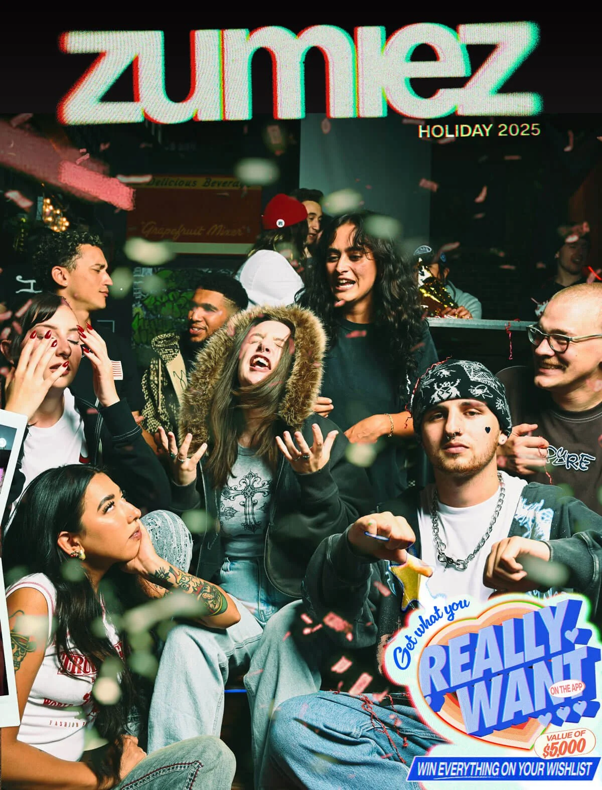 Zumiez brand catalog cover picturing a diverse group of young people party with colorful lights and confetti, with phrases accentuating on a holiday season and a giveaway for a $5000 value.