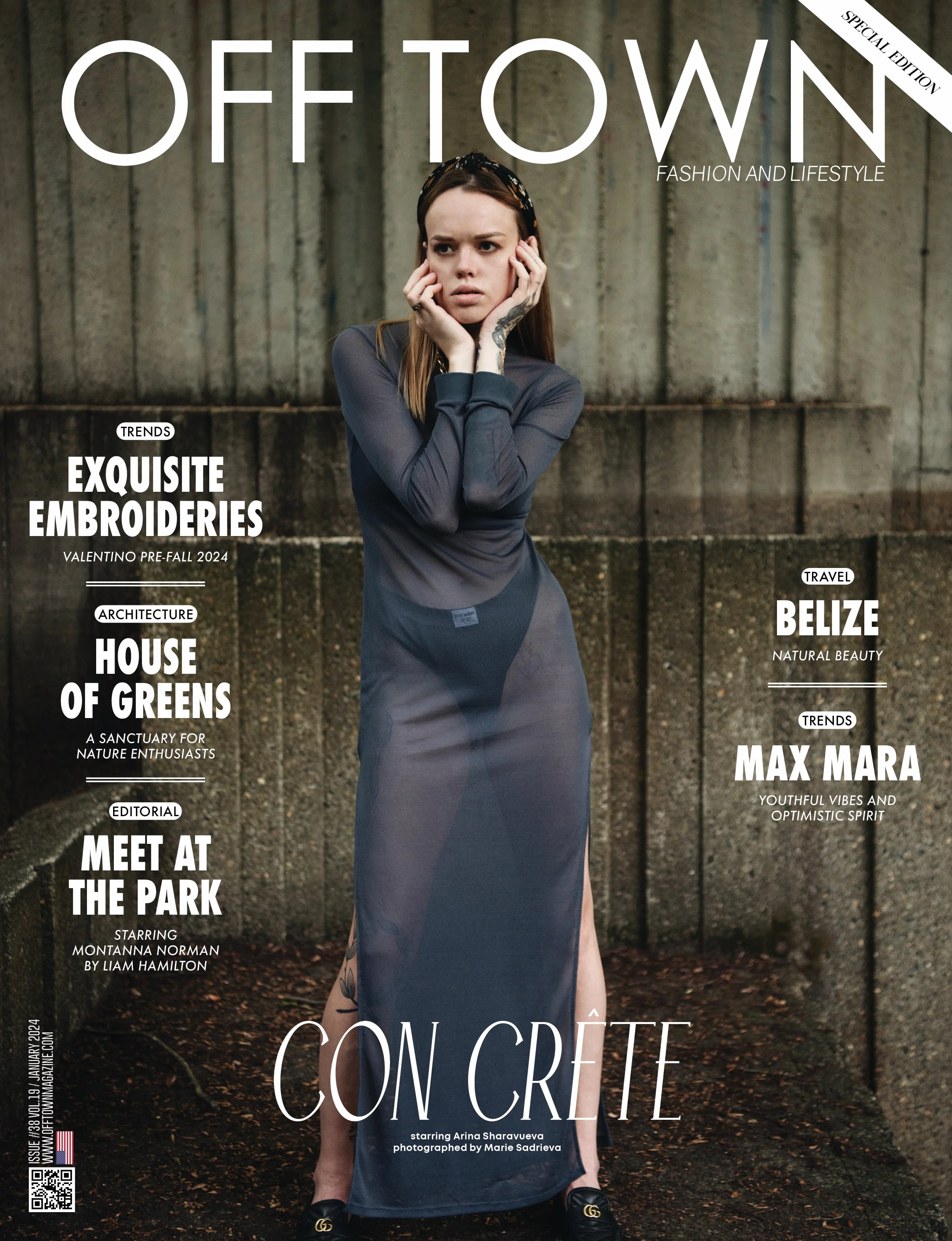 Magazine cover featuring a woman in a sheer black dress standing against a concrete wall, with various headlines around her about fashion, travel, architecture, and trends.