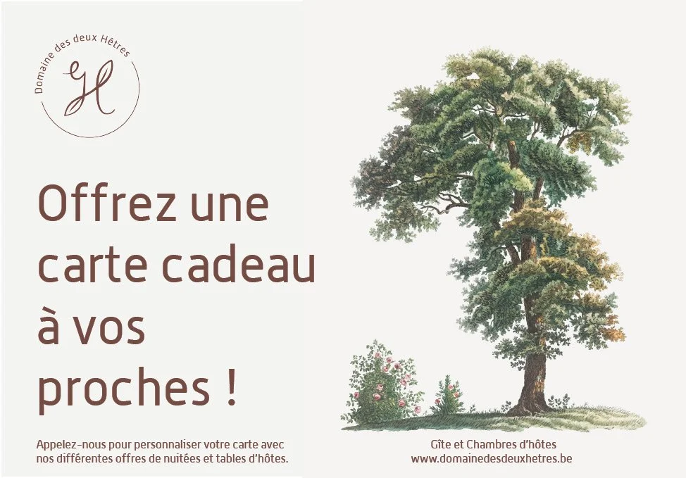 A la recherche d'une id&eacute;e de cadeau pour vos parents, grands-parents, fr&egrave;res et s&oelig;urs, amis?

Offrez leurs une exp&eacute;rience unique dans une de nos belles chambres d'h&ocirc;tes. 

Le Domaine des Deux H&ecirc;tres, ce sont des