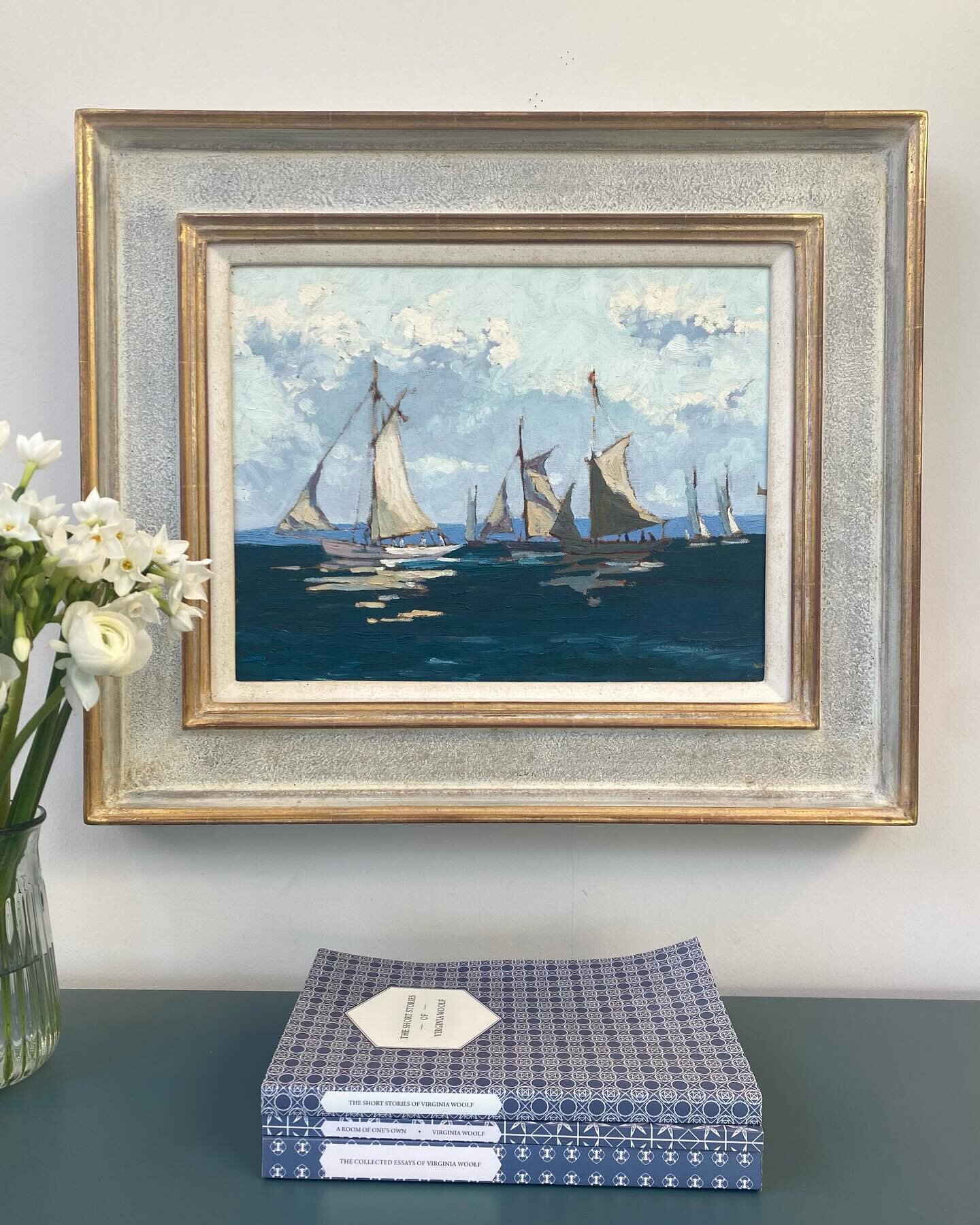 (Recently Sold) A blast of sea air to start the week off with this captivating scene of a fleet of sailing boats at sea. I love the billowing sails, the sunlight on the water&rsquo;s surface and the sense of movement. Off to a new home, appropriately