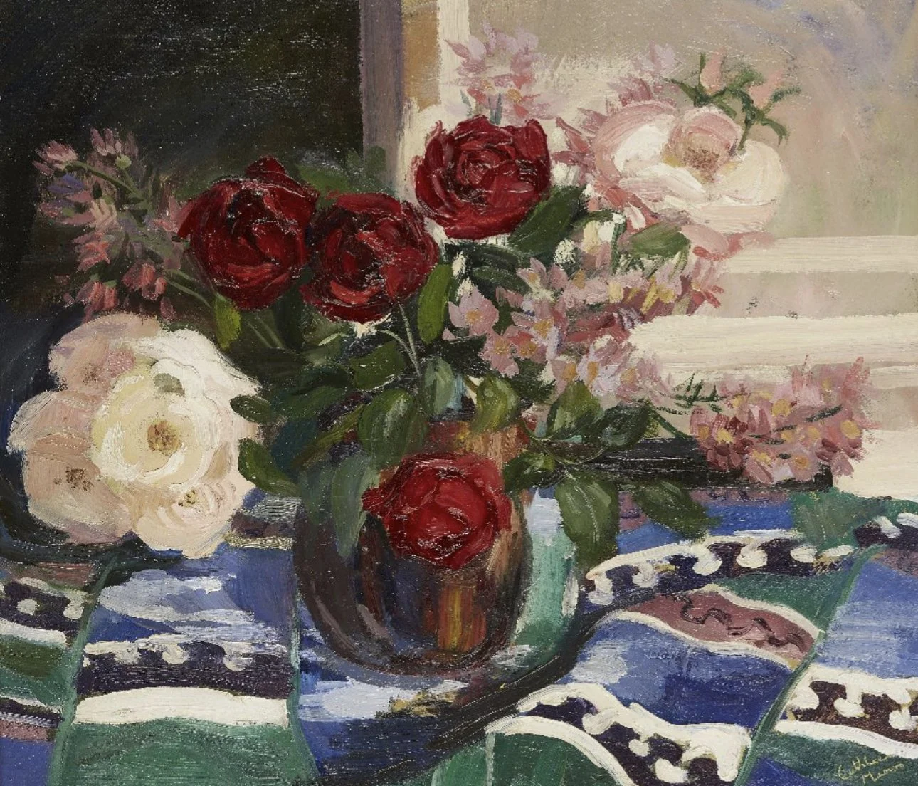 Cathleen Sabine Mann Vintage Still Life Painting Peonies in a vase 1930s Modern British Art mid century.jpeg