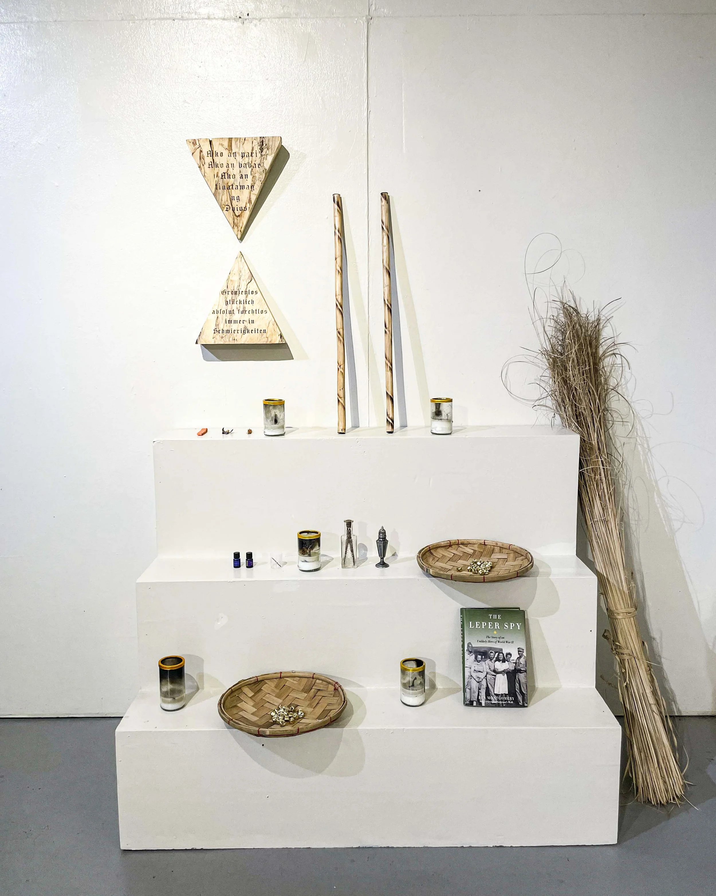 Silke Lapina, Open Studio, Project Space Pilipinas, Lucban, Philippines, 2026, installation view of research-based works on language, anting-anting and material practice