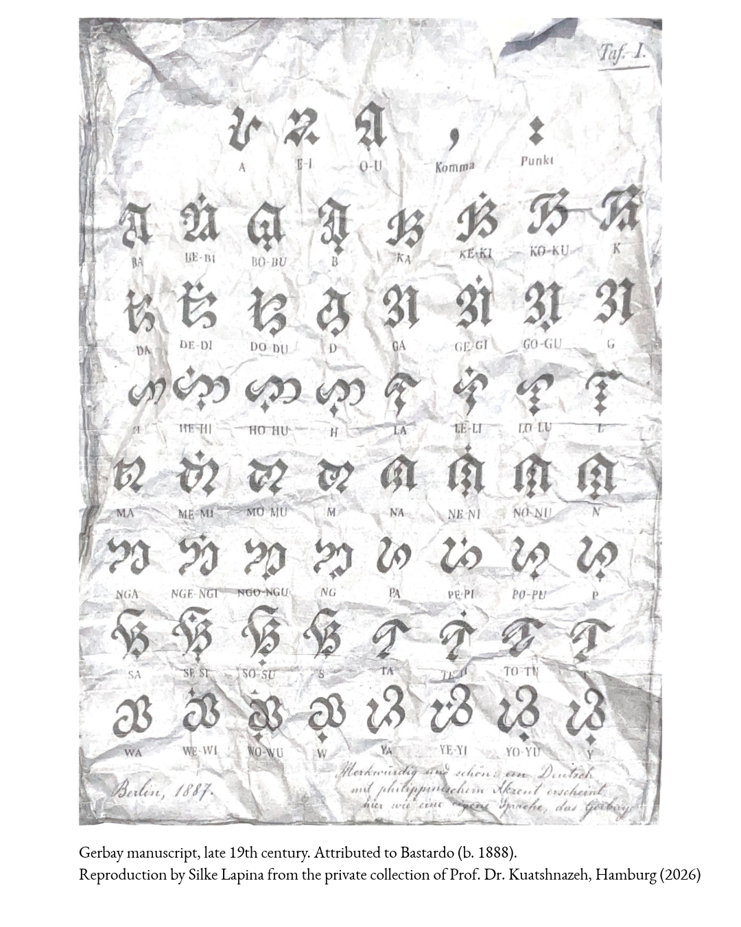 Archival document featuring Gerbay characters, a writing system combining Philippine Baybayin and German Fraktura, part of Silke Lapina’s artistic research (2026).