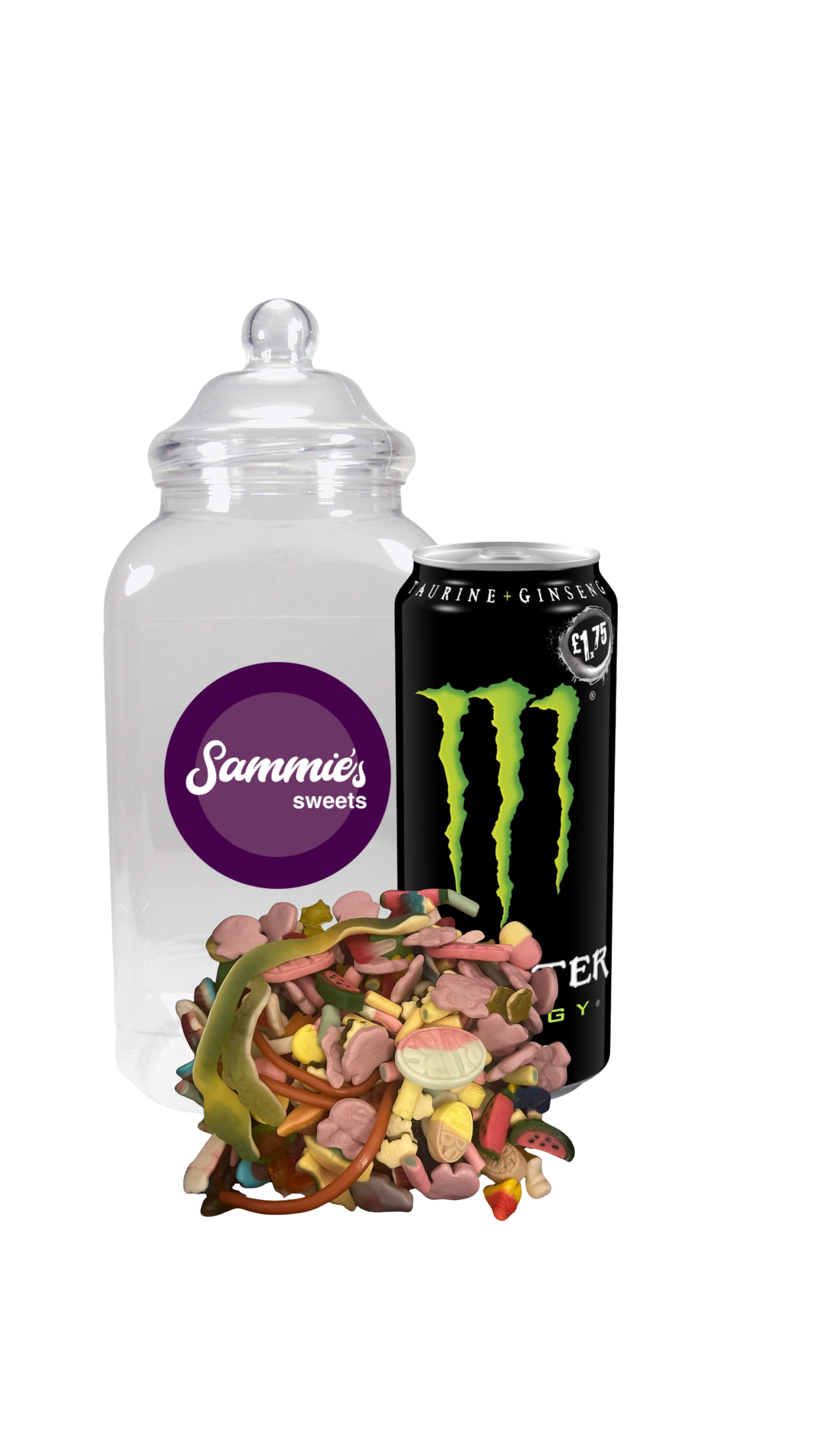 Drink and Sweet Jar with personalised label (500ml Can & 1300g Sweet Mix)